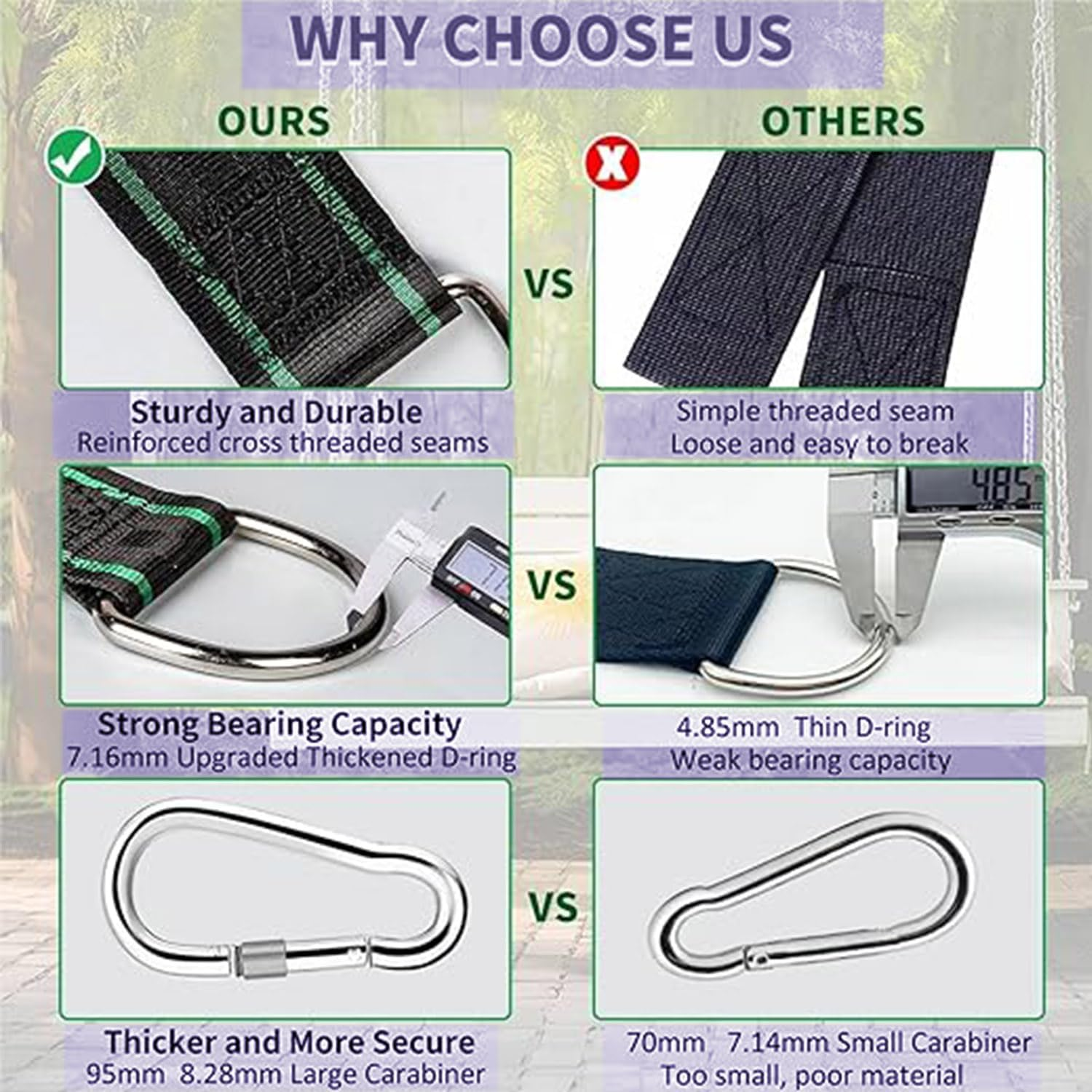 Roczential Tree Swing Hanging Straps, 1.5M/5Ft Hammock Tree Straps Kit with 2 Sturdy Lock Carabiners & 2 Tree Protectors for Swings and Hammocks,Holds up to 1000KG image number 2