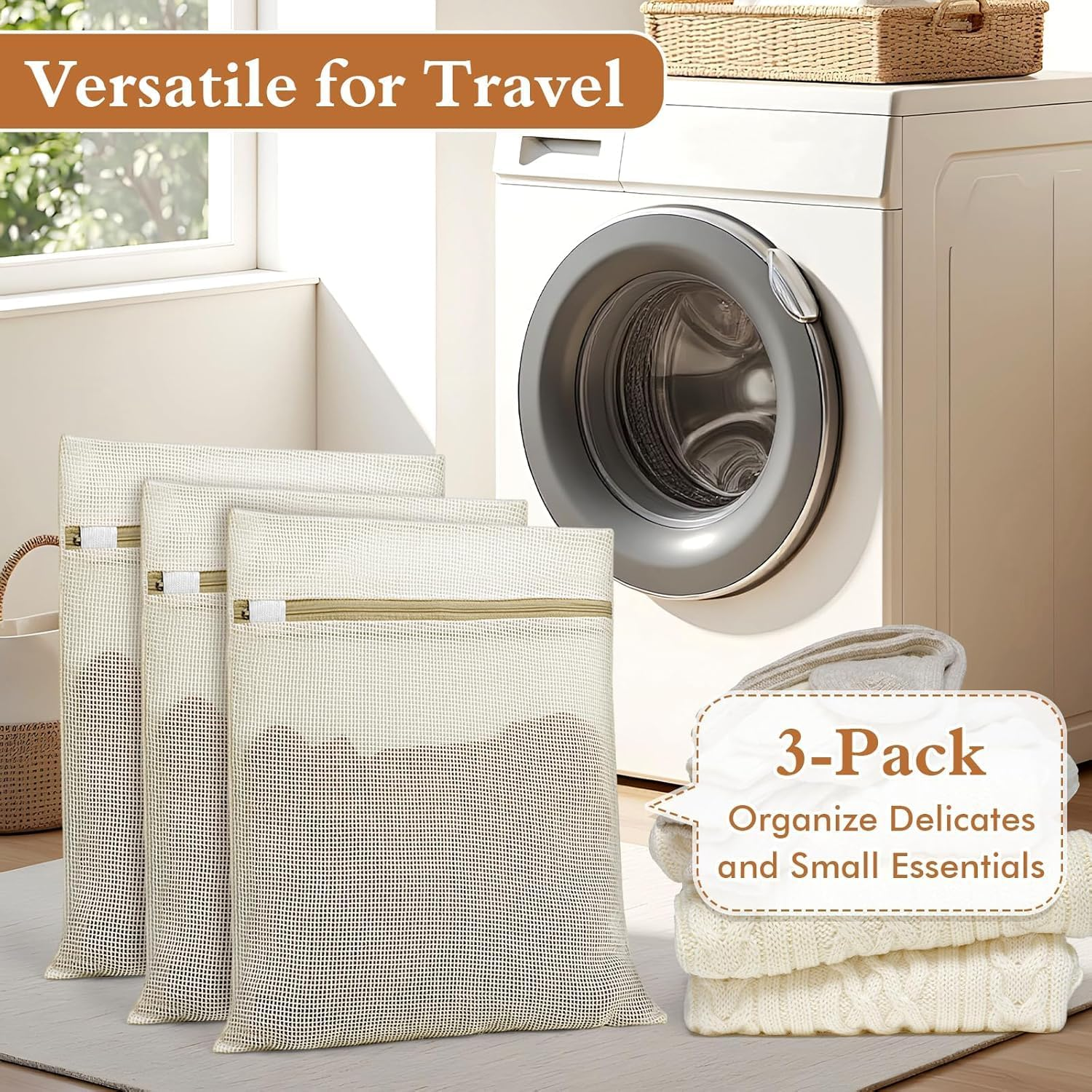 Natural Cotton Mesh Laundry Bags 12X16"" 3-Pack,Gentle Wash for Lingerie, Baby Clothes & Travel Essentials image number 4