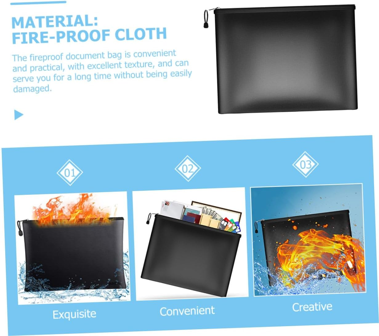 Homoyoyo Fireproof Document Organizer Bag Fire-Resistant Money Pouch for Office Home Use Black Medium Secure Storage for Contracts Passports Certificates