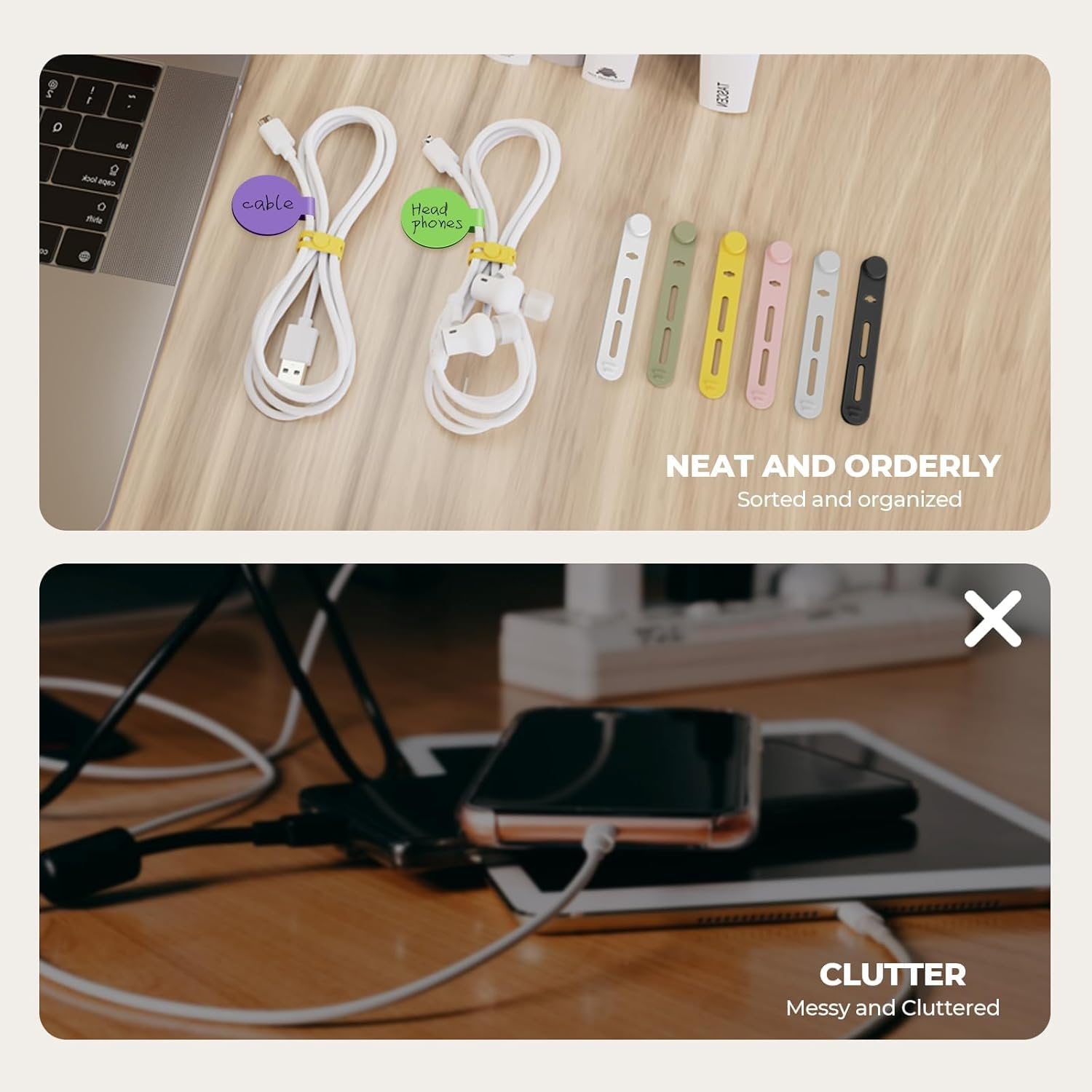 36-Pack Silicone Cable Ties and Cable Labels Sets, 24 Silicone Cord Ties+12 Identification Cord Labels，Reusable Wire Tie and Wire Tags for Cable Management image number 3