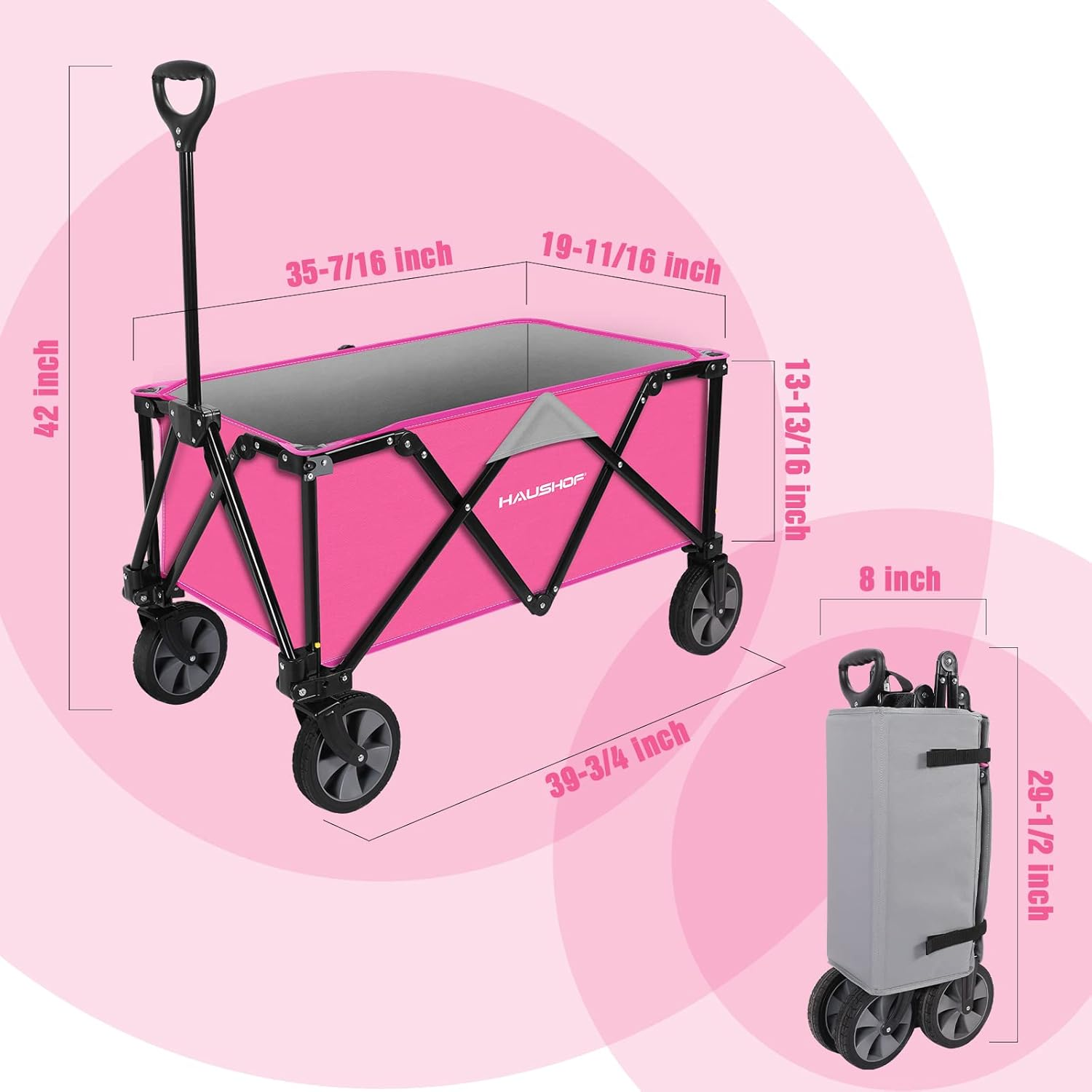 HAUSHOF Heavy Duty Collapsible Wagon, Folding Outdoor Utility Wagon, Camping Garden Beach Cart with Universal Quick Release Wheels, Adjustable Handle, 176 Lbs Load Capacity, Pink image number 3