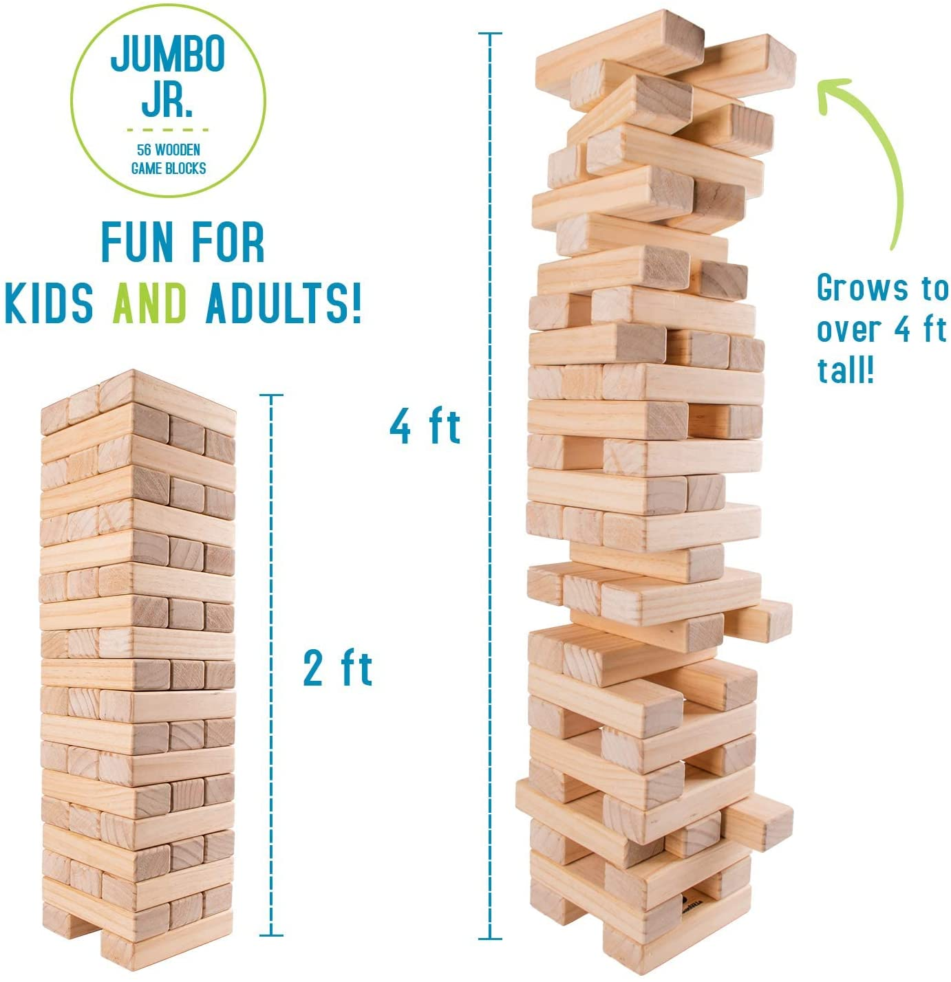 Giant Tumbling Timber Toy - Jumbo JR. Wooden Blocks Floor Game for Kids and Adults, 56 Pieces, Premium Pine Wood, Carry Bag - Grows to over 5-Feet While Playing, Life Size image number 4