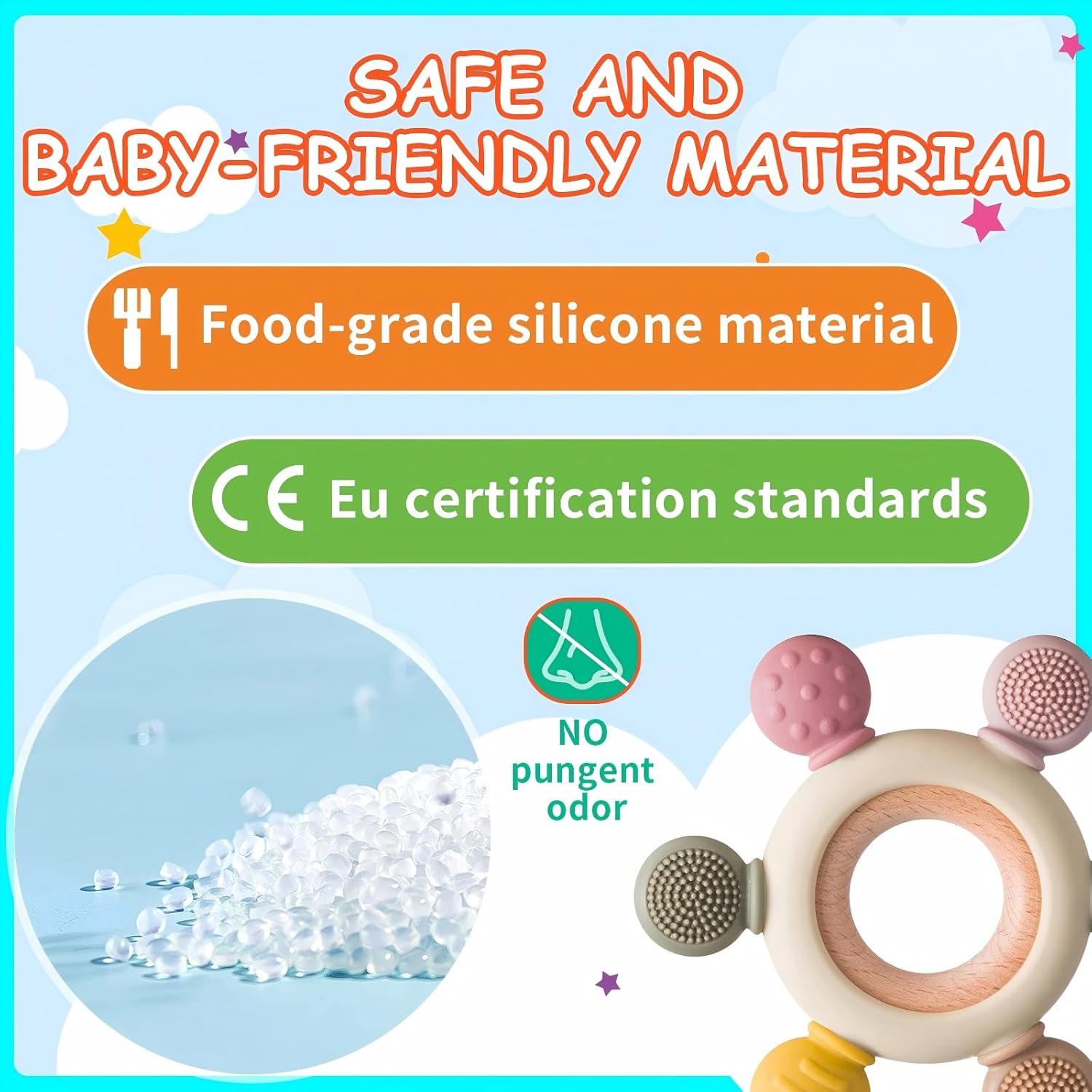 Baby Teething Toys, Silicone Rudder Toy with Wooden Rings for Soothing Teething Pain Relief, Grasping Ring Teething Toy, BPA Free Teething Newborn Accessories, for Lnfants & Toddlers 6+ Months image number 4