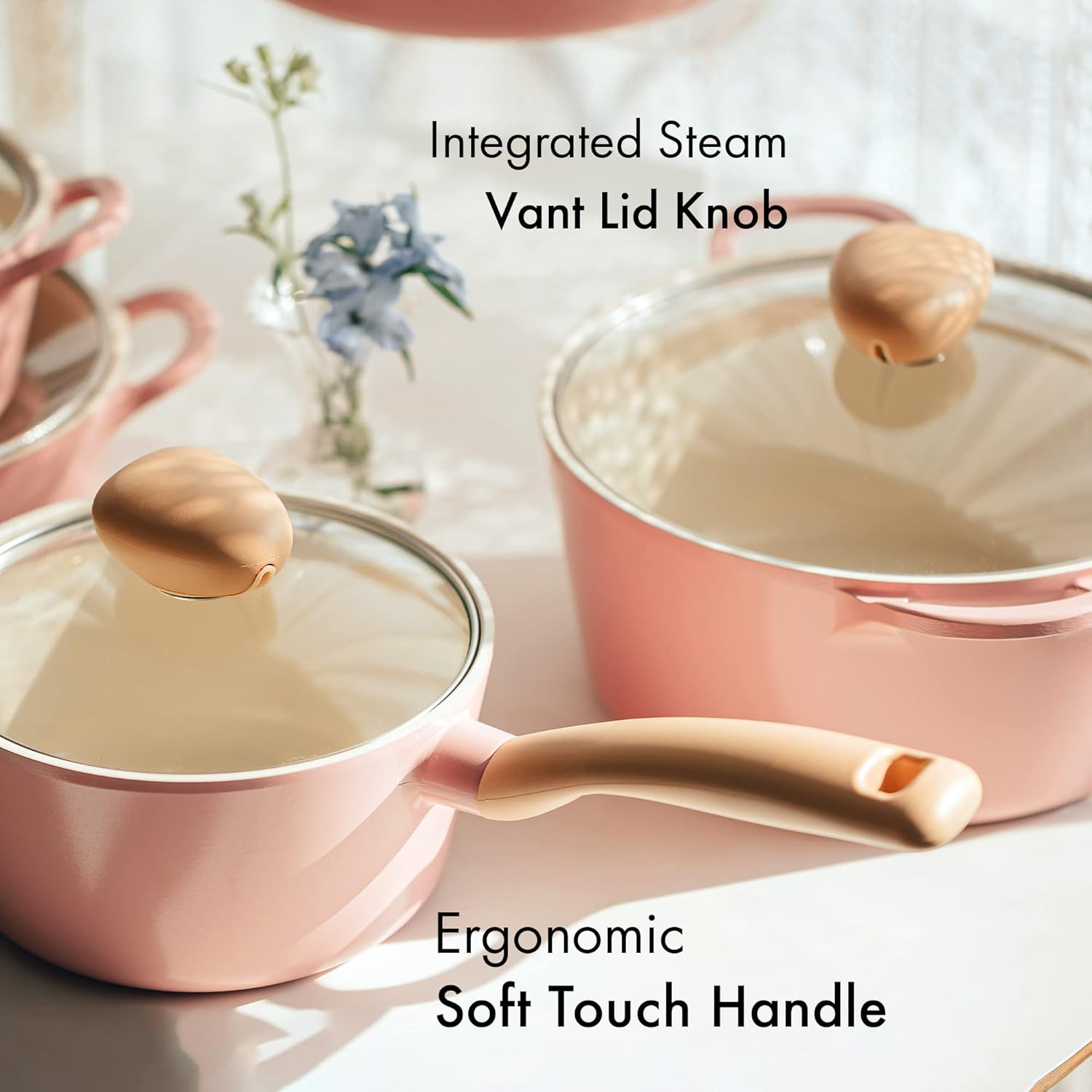 Neoflam Retro 5-Piece Ceramic Nonstick Cookware Set, PFOA Free Pots and Pans with Integrated Steam Vent Lid Knob Prevents Boil over and Heat Resistant Silicone Grips for Safer Cooking at Kitchen, Pink image number 5