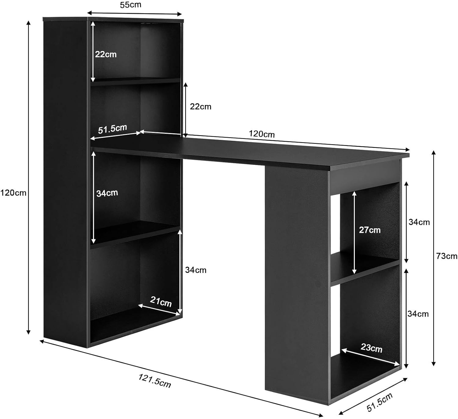 Costway 121.5 Cm Computer Desk with Bookshelf, 3-In-1 Home Office Desk with 4-Tier Bookcase & CPU Stand, Space-Saving Reversible Writing Desk Work Table for Bedroom, Study Room, Office (Black)