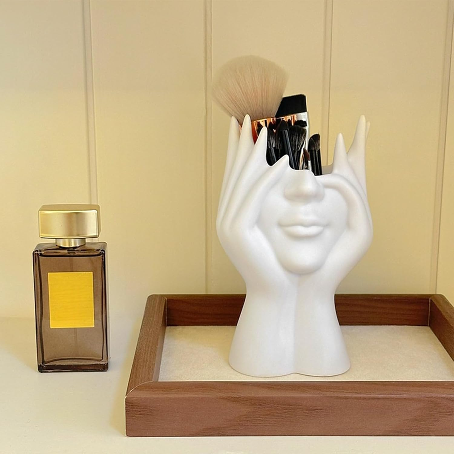 Abstract Facial Makeup Brush Holder, Face Hand Design Make up Brush Organizer, Decorative Dresser Receiver, Bohemian Modern Elegant Station for Bathroom Dorm Home Desktop Organization image number 3