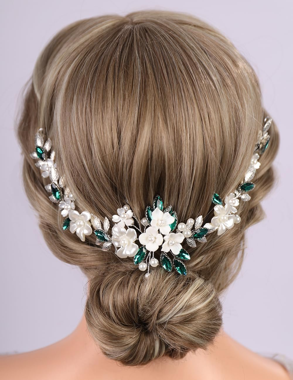 Teyglen Silver Leaf Flower Hair Vine Floral Flower Headpiece Blue Crystal Bride Wedding Headband Bridal Hair Accessories for Women Silver Rhinestone Pearl Hair Piece (Blue)