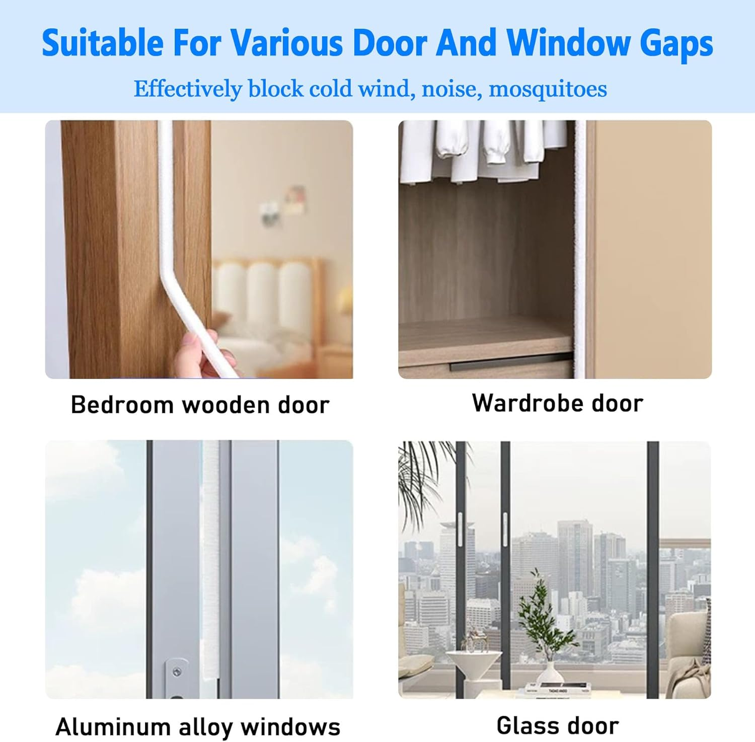 Weather Stripping Door Window Seal Strip 33 Ft, Selfadhesive Strong Adhesion, Soundproofing, Draft Blocker, Dustproof, Suitable for Doors and Windows Cabinet Doors, 0.2 Inch Thick, White image number 5