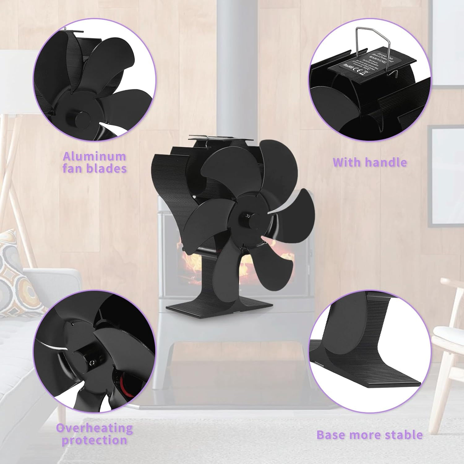 6 Blades Fireplace Fan, Aluminum Alloy Diameter 152Mm Heat Powered Stove Fan, Silent High Temperature Heat Operated Fireplace Fan for Wood Fireplace image number 3