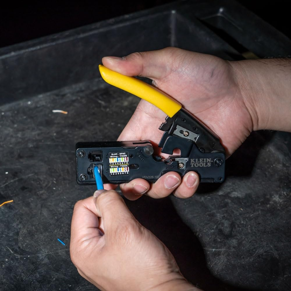 Klein Tools VDV226-107 Compact Ratcheting Modular Data Cable Crimper / Wire Stripper / Wire Cutter, CAT6, CAT5, CAT3, Flat-Satin Voice Cable image number 4