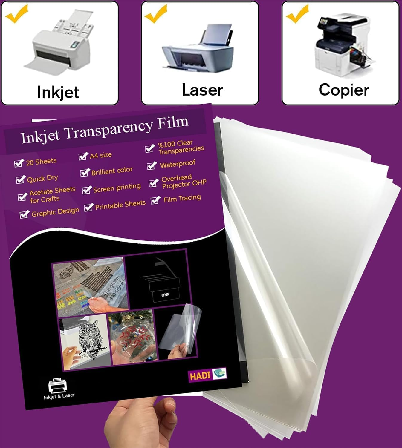 HADI Inkjet Transparency Film 25 Sheets A4-100% Clear Transparency- Acetate Sheets for Crafts,Overhead Projector Presentations OHP, Film Tracing Graphic Design-Screen Printing-Quick Dry, Printing Film image number 4