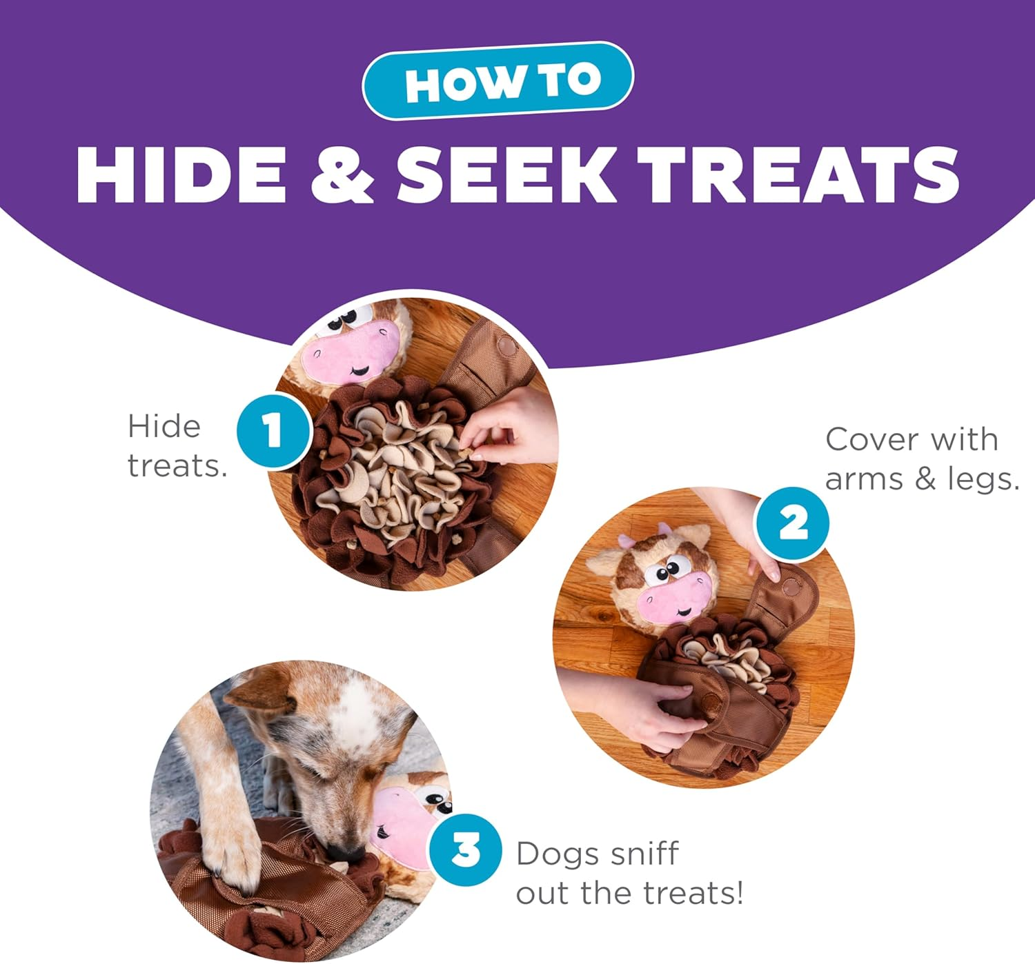 Outward Hound Nina Ottosson Snuffle Palz Interactive Plush Dog Puzzle and Snuffle Mat for Dogs, Non-Slip Snuffle Mat, Dog Enrichment Toys, Plush, Cow, Brown, Large