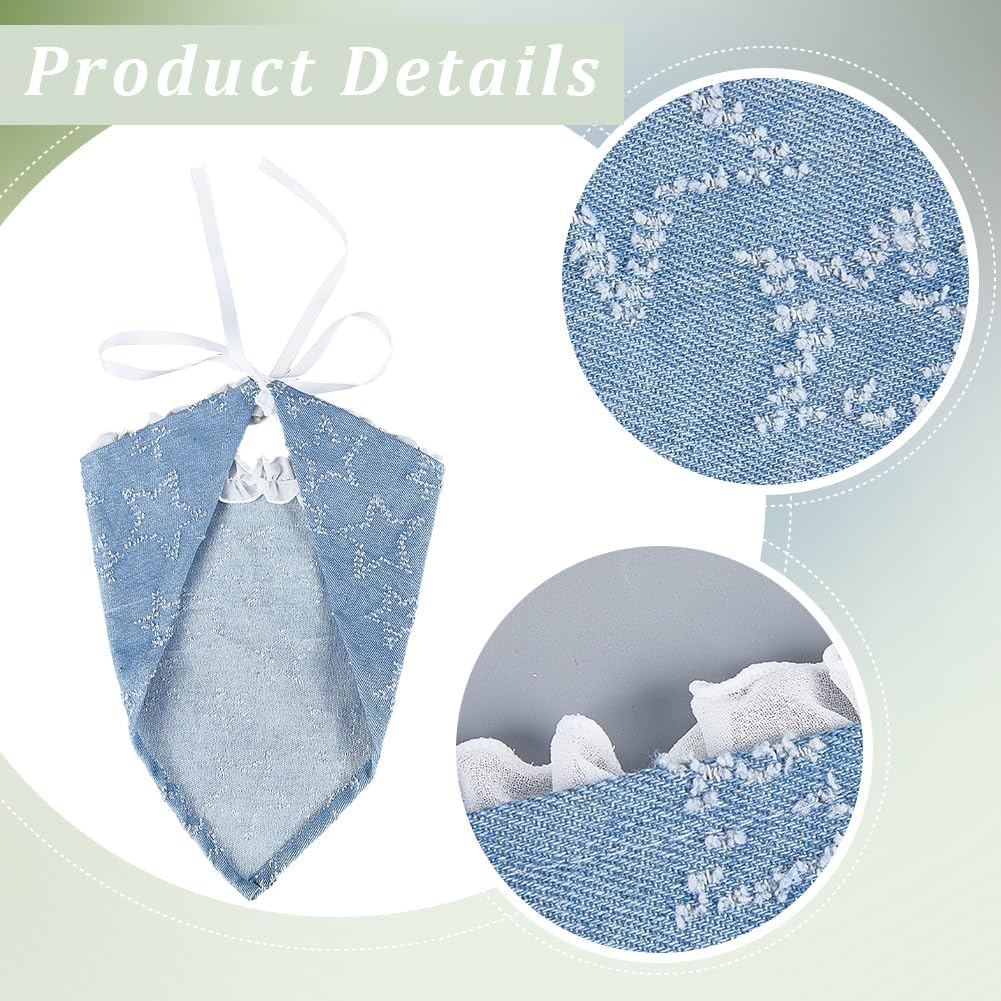 CABODYALS Blue Star Pattern Head Scarf Kerchief Small Triangle Headband Hair Covering Wrap with Ruffled Pleated Edge Lace up Design Bandana for Women Holiday Costume Accessories Decor Styling