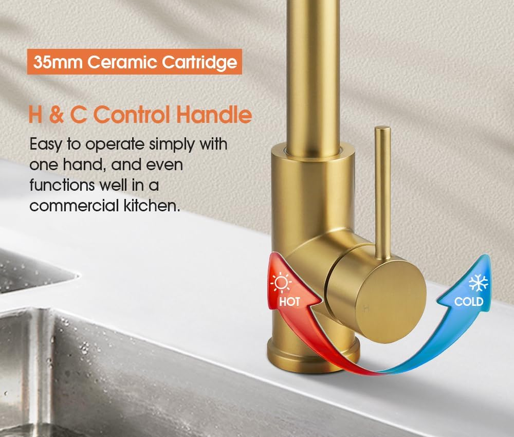 ACA International DR Brass Lead Free Kitchen Tap, WELS Kitchen Mixer Tap Pull Out 360&deg; Swivel Spout Kitchen Tap Laundry Faucet Brushed Yellow Gold - Black image number 6