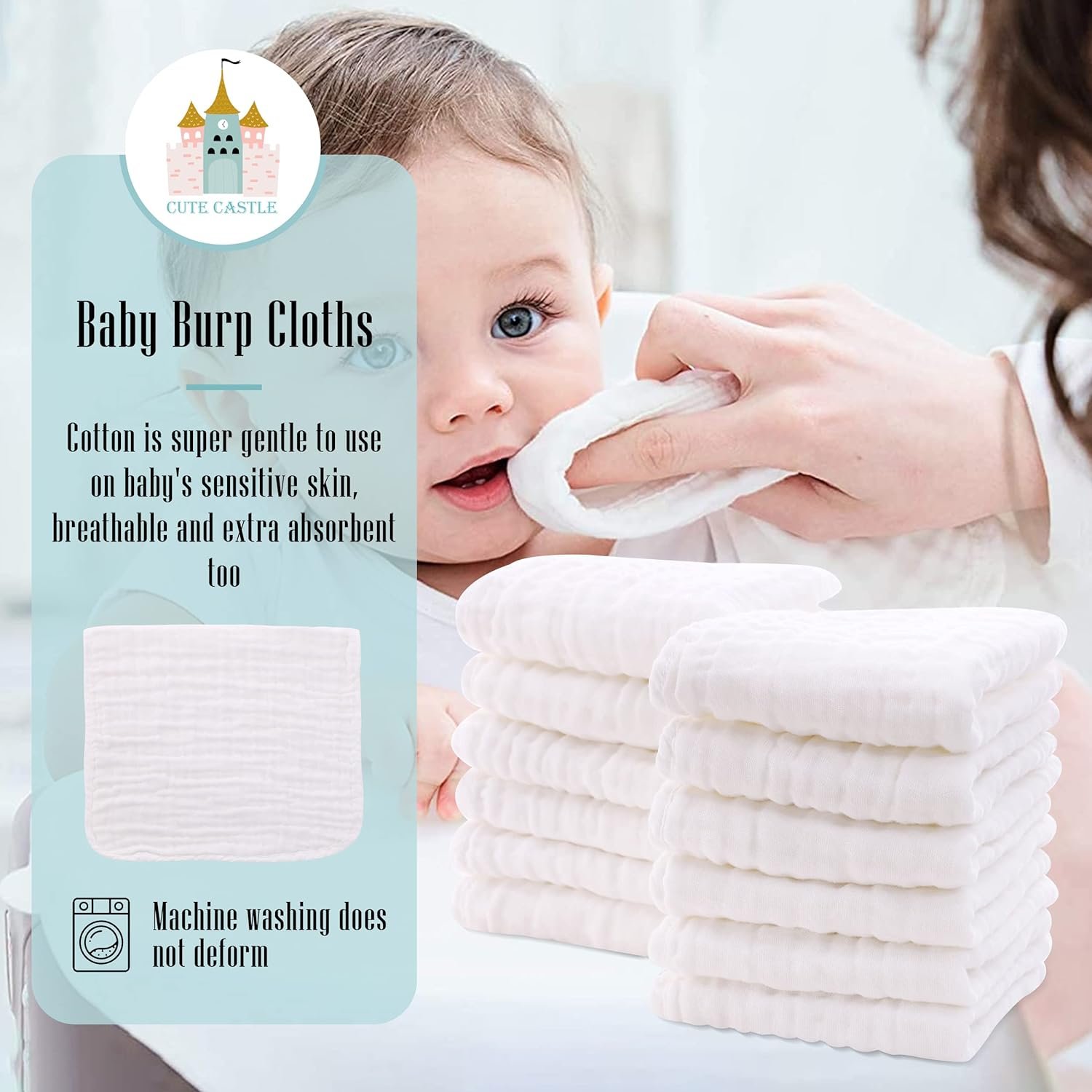 Cute Castle 12 Pack Muslin Burp Cloths for Baby - Ultra-Soft 100% Cotton Baby Washcloths - Large 20'' by 10'' Super Absorbent Milk Spit up Rags - Burpy Cloths for Unisex, Boy, Girl - White