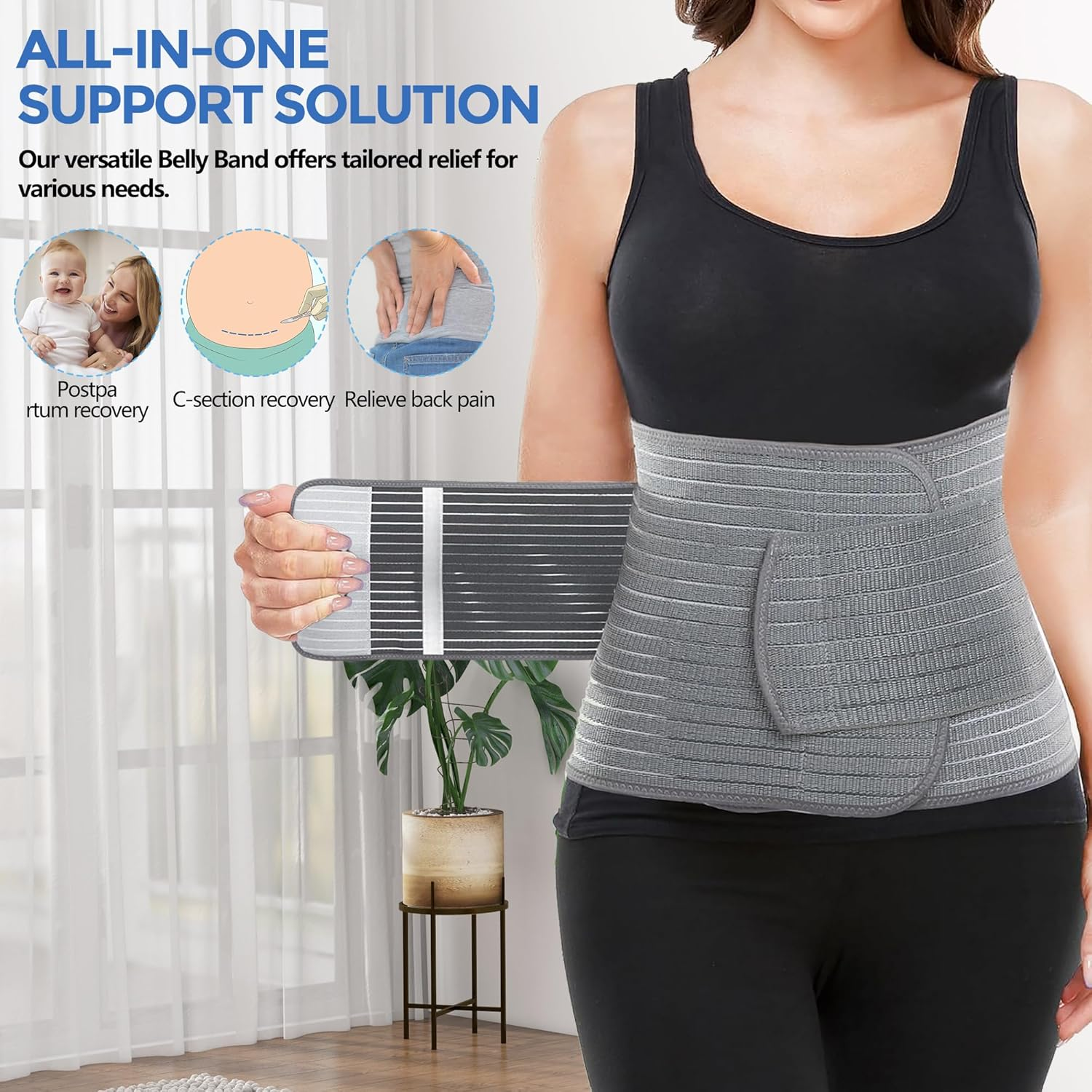Postpartum Belly Band & Abdominal Binder - Adjustable Waist & Pelvis Support for Back Pain, Hernia & C-Section Recovery - 9.5" Bamboo Charcoal Compression Wrap image number 1