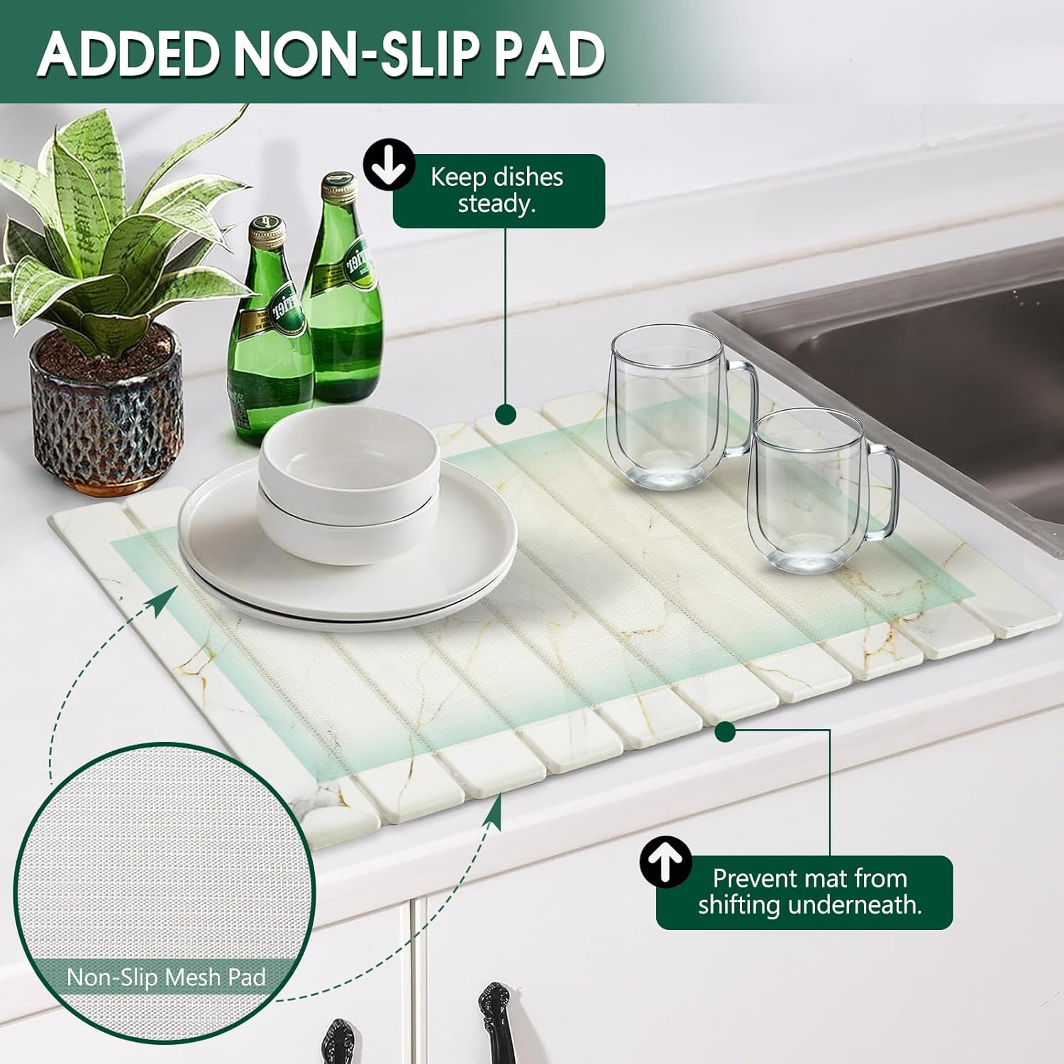 Collapsible Stone Dish Drying Mat, Stone Drying Mat for Kitchen Counter, Diatomaceous Earth Mat with Non-Slip Mesh Pad, 60 X 39 Cm (C) image number 3