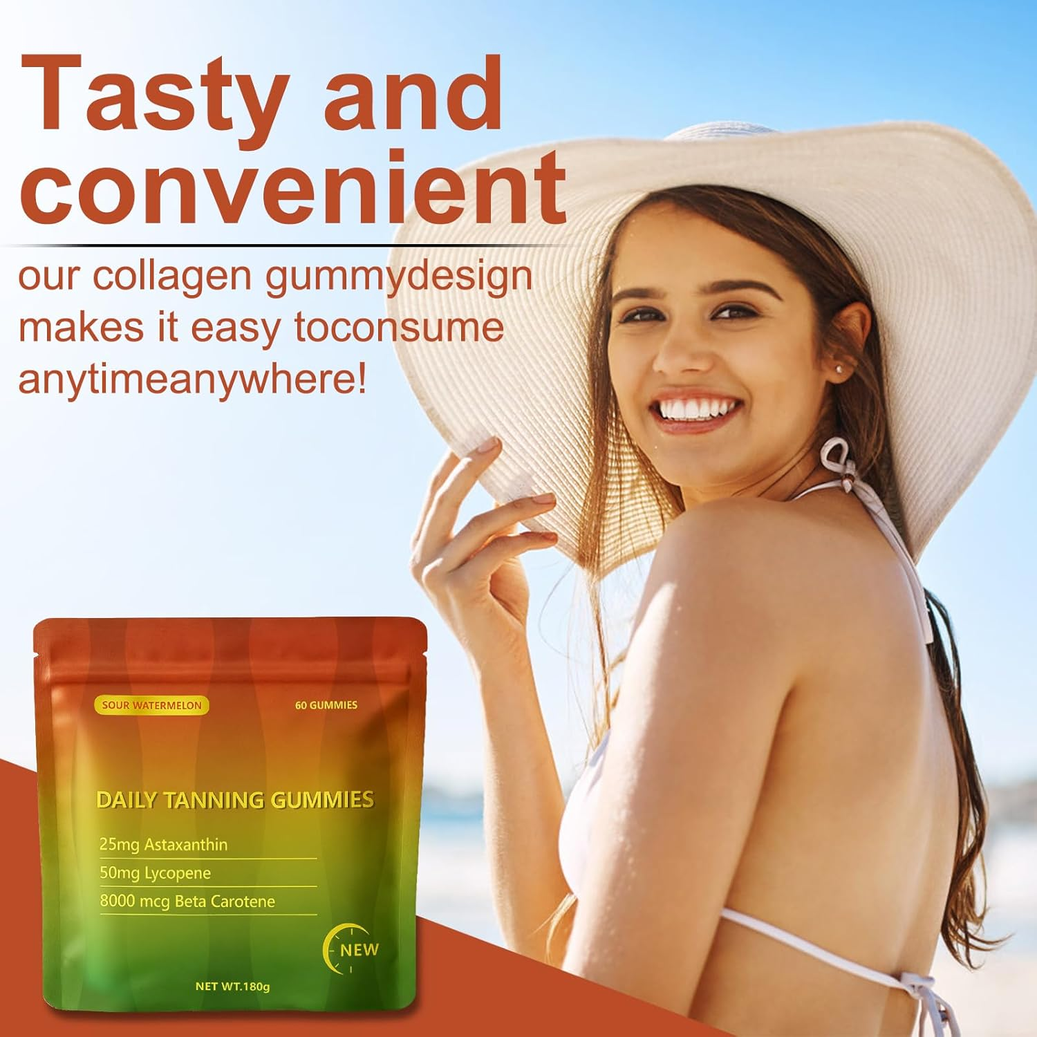 Tanning Gummies, Daily Tanning Gummies with Astaxanthin 24Mg, Lycopene 50Mg & Beta Carotene 8000Mcg for Skin Health & Glow, Vegan, Non-Gmo, Watermelon Flavor, 60 Count image number 4