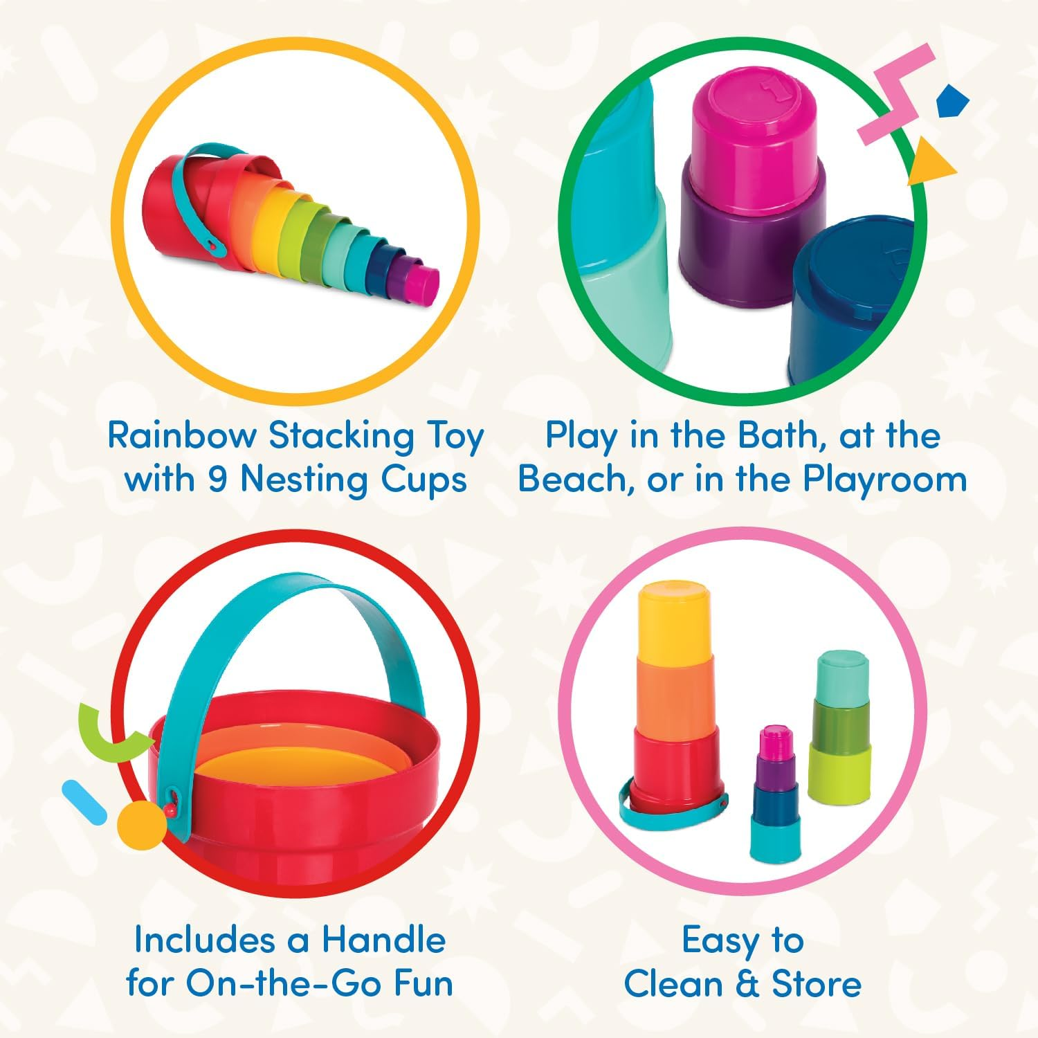 Battat &ndash; Stacking Cups &ndash; 10 Pcs &ndash; Plastic Nesting Toys &ndash; Bucket with Carry Handle &ndash; Water & Sand &ndash; Colorful Toy Set for Toddlers &ndash; Stack up Cups &ndash; 18 Months +