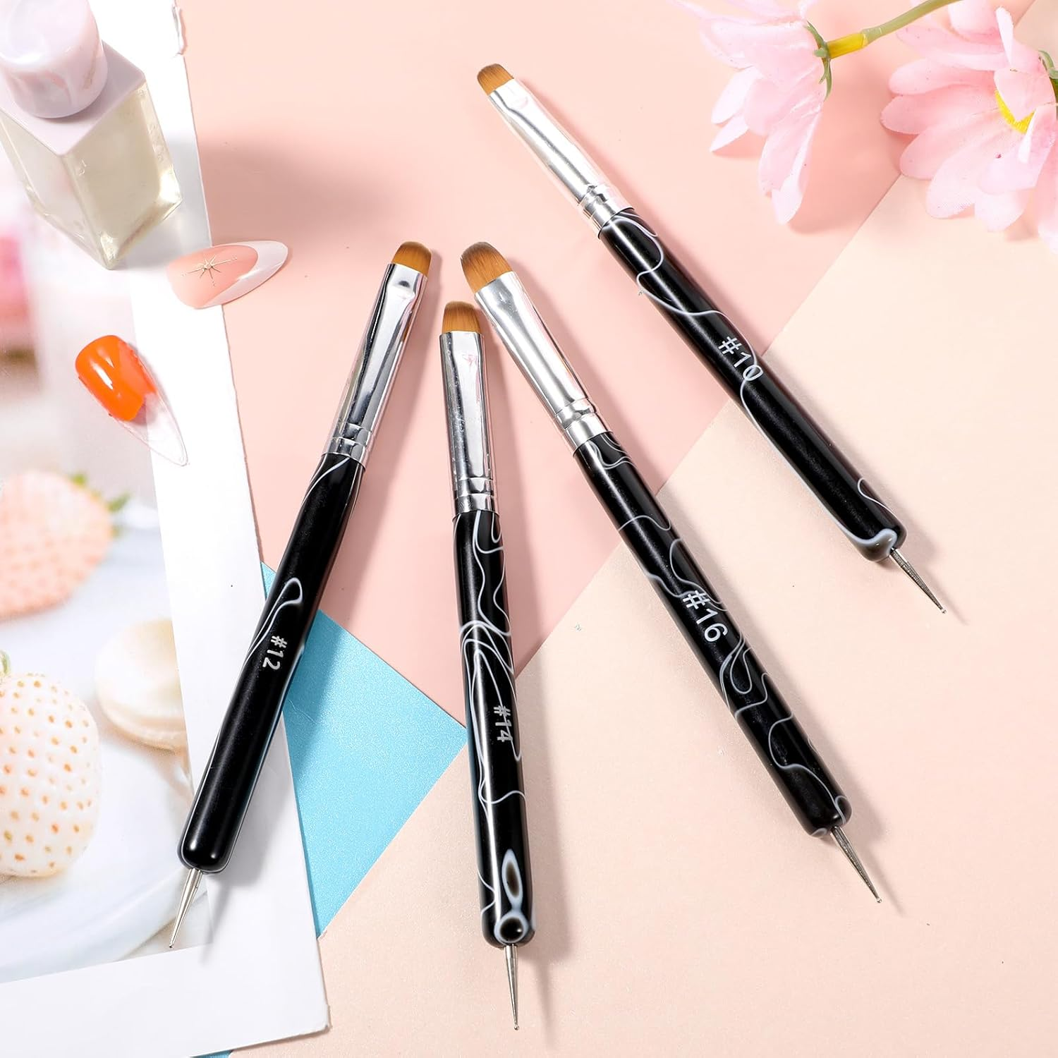 4Pcs 2 Way Nail Art Brush with Dotting French Nail Brush Set French Gel Acrylic Nail Art Brush Professional Manicure Tool for Nail Arts Detailed Design Manicure Cuticle Clean up (10#, 12#, 14#, 16#) image number 4