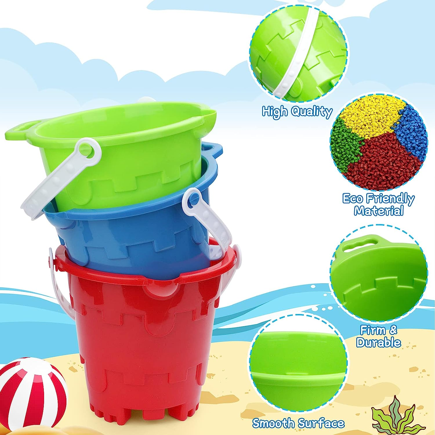 Beach Sand Castle Buckets Toy Set for Kids Adults, Castle Model Bucket Sand Pail Water Bucket for Beach Fun Summer Party Garden Tool Kits Camping Sandbox Accessory (3PCS) image number 1