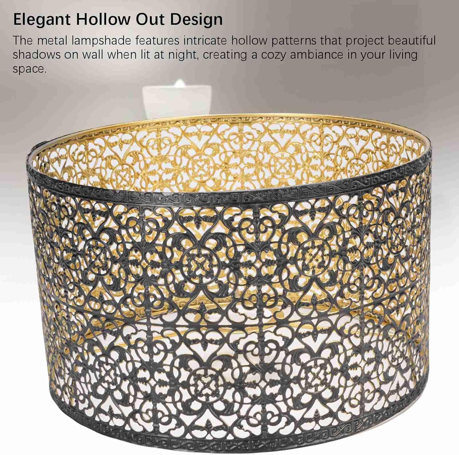 Metal Lampshade, round Lamp Shade Fits Both E27 and E14 Bulb Bases, Elegant Black and Gold Drum Lampshade with Hollow Carved Pattern for Table Lamps, Floor Lamps, Pendants image number 2