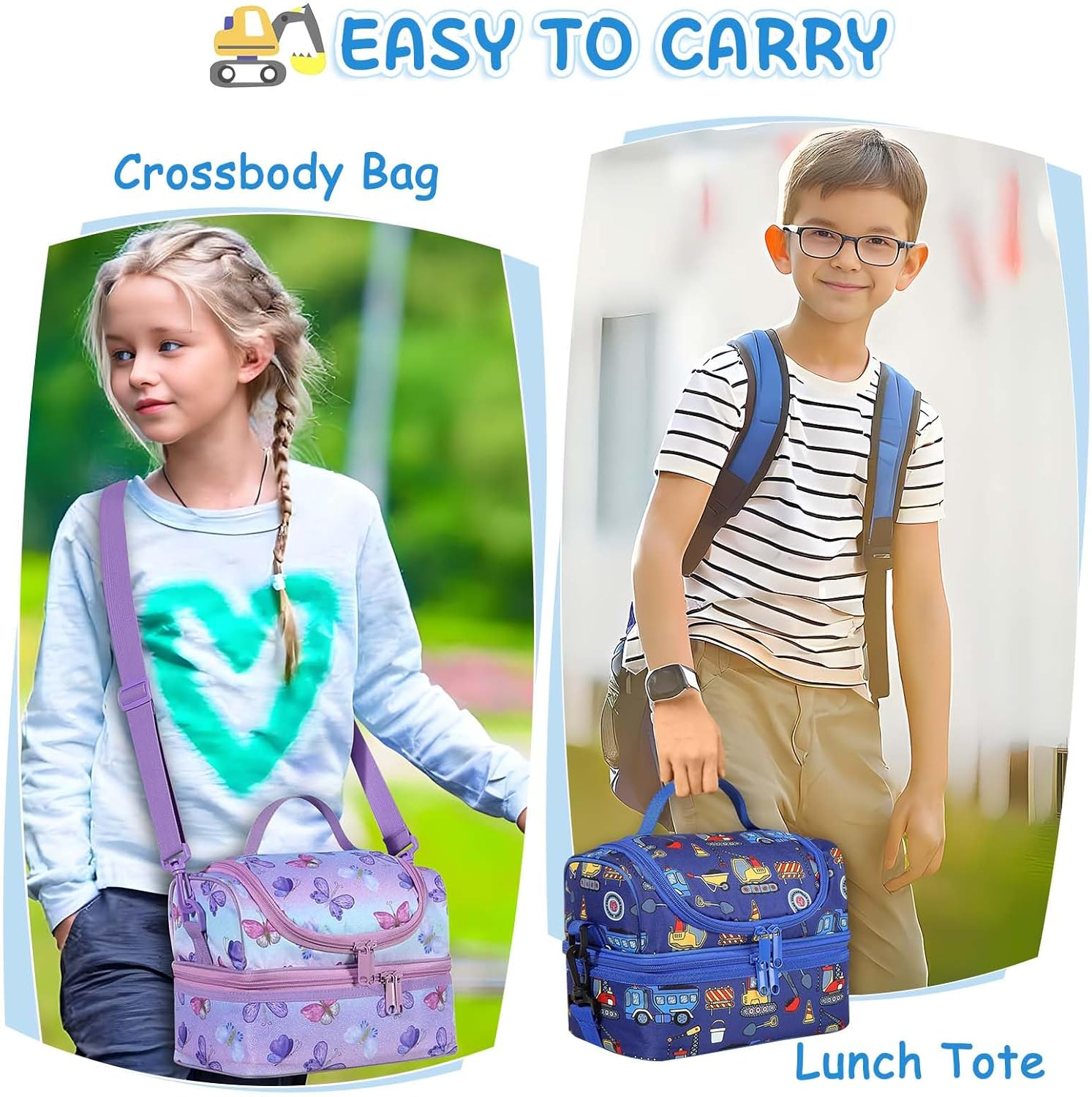 KASQO Lunch Box Bag for Kids, Insulated Lunch Bag Two Compartments Toddler Cooler Bag Lunch Tote Bag with Detachable Shoulders Strap for School Picnic， Blue Car - Blue Rocket image number 4