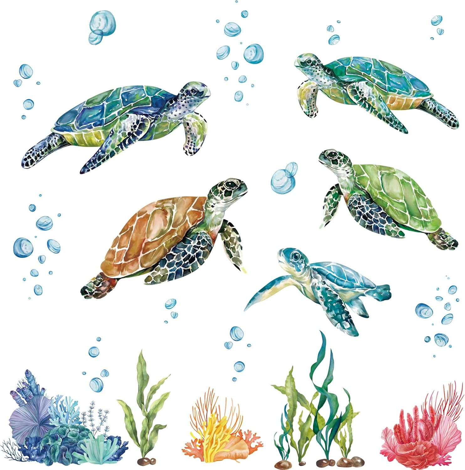 Decalmile Sea Turtles Wall Stickers under the Sea Coral Seaweed Wall Decals Bedroom Bathroom Baby Nursery Wall Decor image number 3