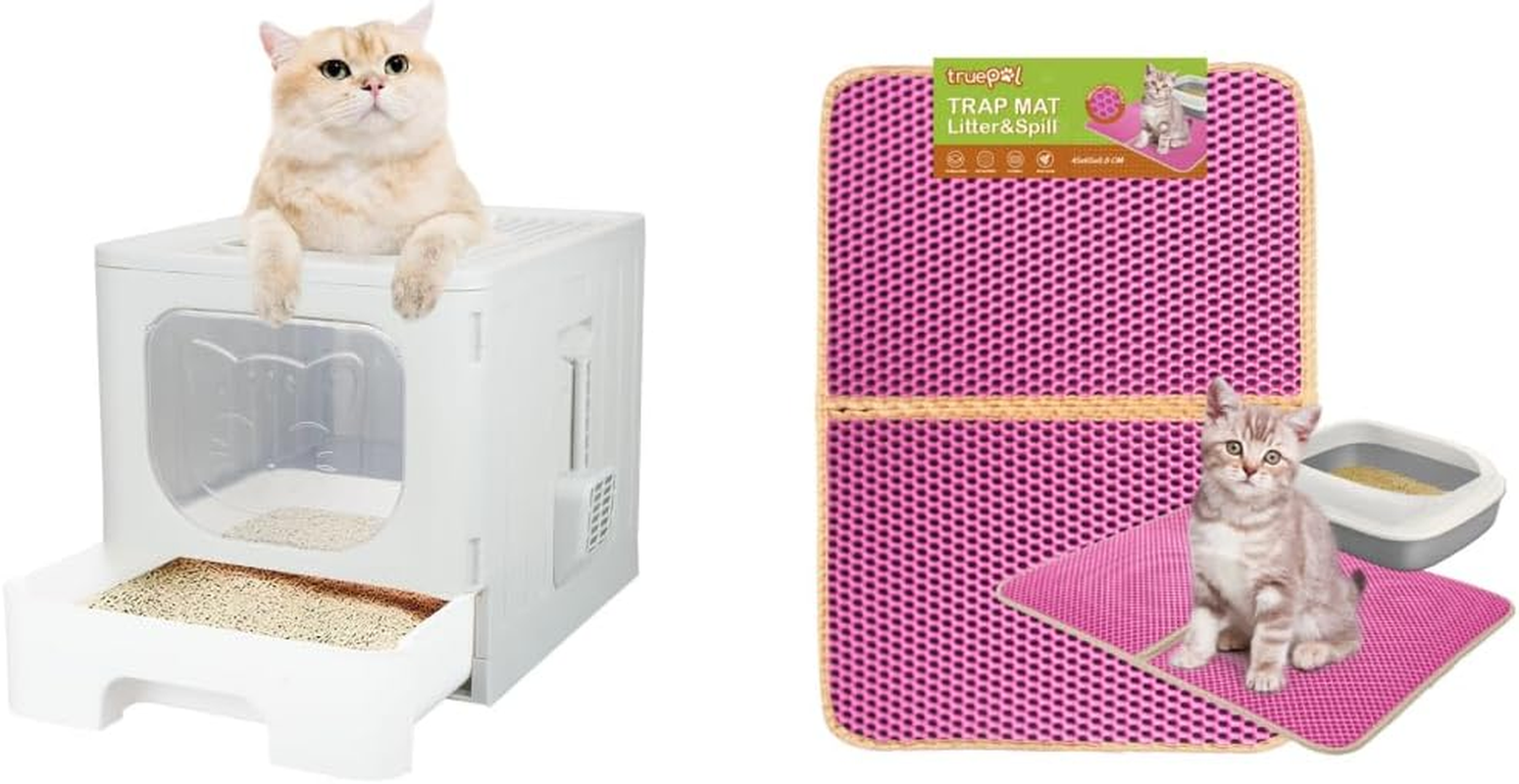 Truepal Foldable Cat Litter Box & Double-Layer Cat Litter Mat 65 X 45 Cm Pet Toilet (Black)