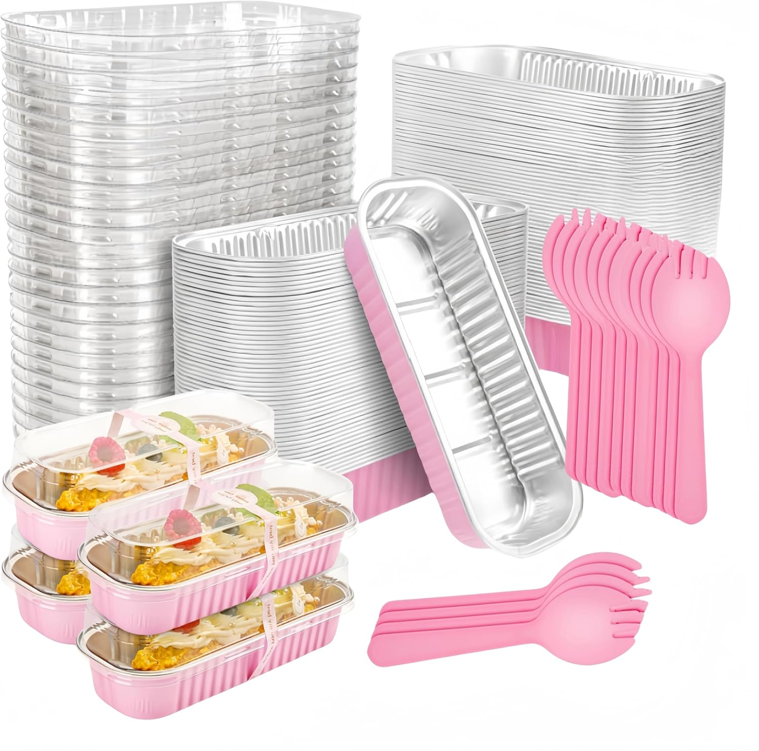 100 Pack Mini Loaf Pans, Ai-Oumleef Aluminum Mini Loaf Pans with Lids and Spoons,Rectangle Aluminum Foil Baking Pans Tins Containers,Cupcake Containers Cheesecake Creme Brulee Ramekins (Pink)
