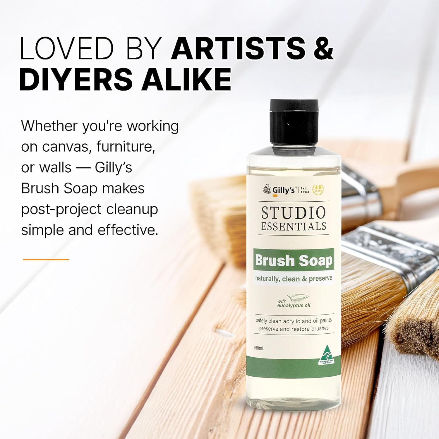 Gilly'S Brush Soap 250Ml - Plant-Based Cleaner with Eucalyptus Oil for Paint Brushes & Tools | Safe for Synthetic & Bristle Brushes, Acrylic, Oil, Chalk & Mineral Paints image number 5