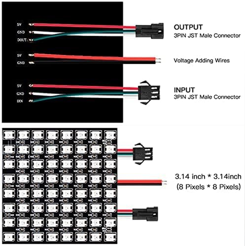 WS2812B LED Matrix Panel, 8X8 Digital RGB Pixels, Pre-Wired Connectors, Black PCB (&lrm;8X8 64 Pixels) image number 5
