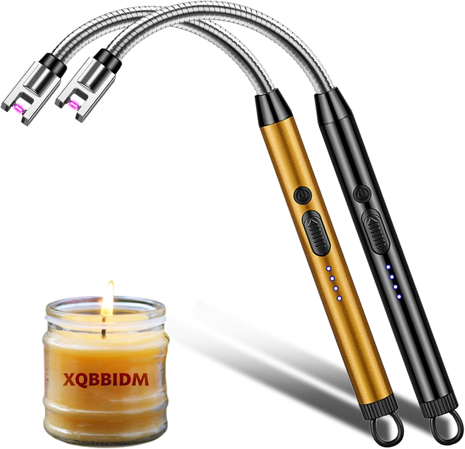Electric Lighter, 2 Pack of USB Rechargeable Candle Lighter with Hook, 10.2-Inch Flexible Neck Arc Lighters with Battery Indicator and Safety Switch for Candle, Kitchen,Camping (Black A+Rose Gold A)