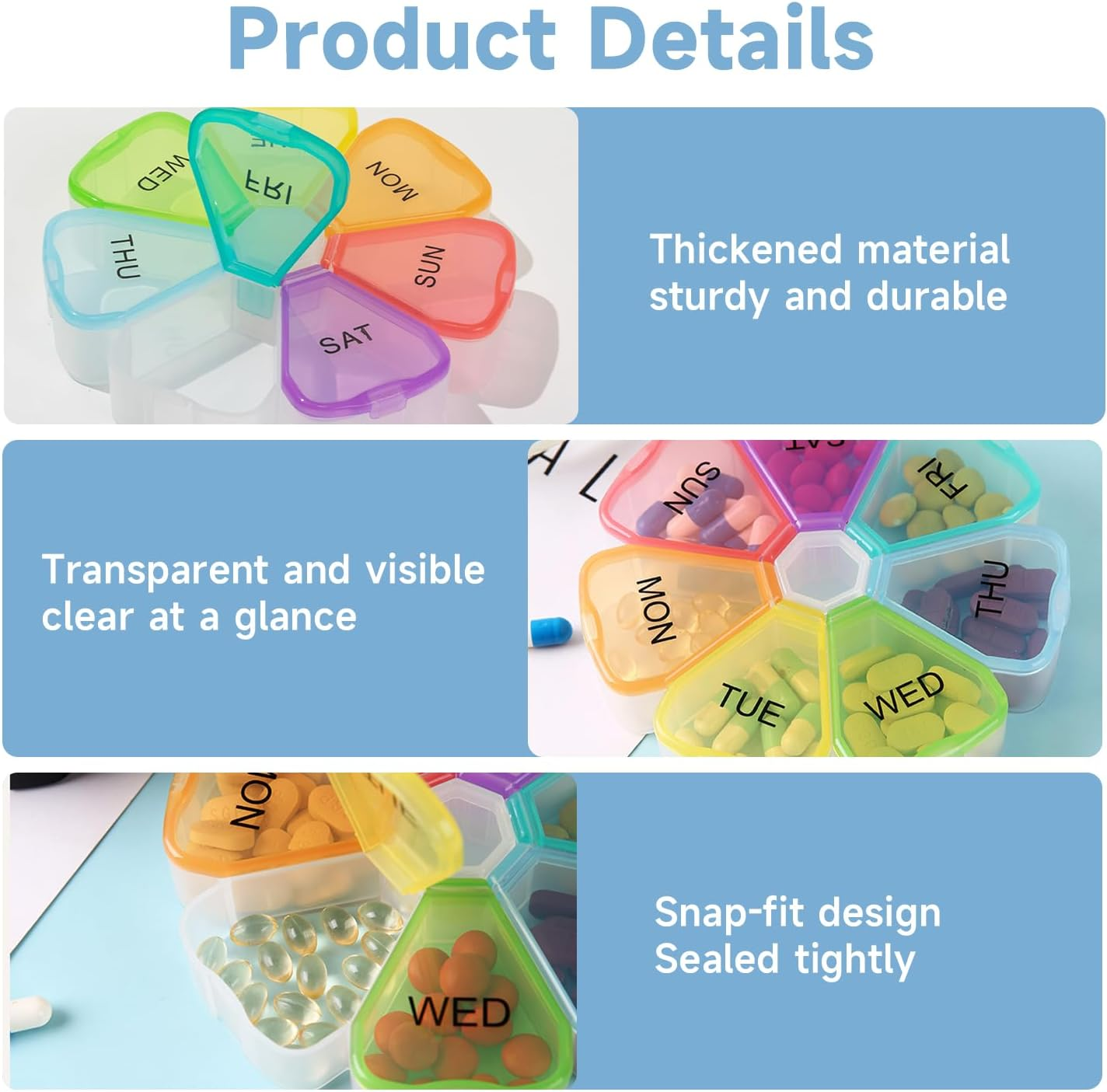 1Pack Weekly Pill Organiser, Cute Pill Box 7 Day 1 Times a Day, Portable Travel Tablet Organiser with 7 Large Compartments, for Vitamins Supplements Medication(Rainbow) image number 2