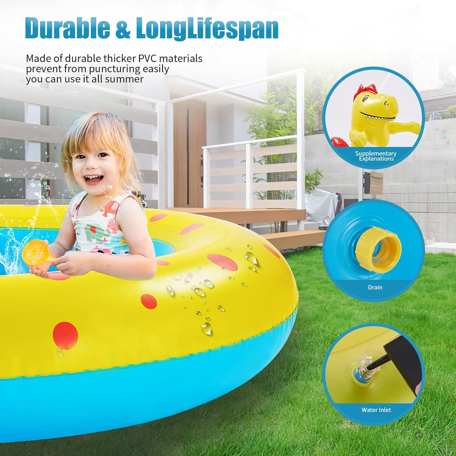Inflatable Sprinkler Pool for Kids, Cute Dinosaur Kiddie Pool, 3-In-1 Backyard Splash Pad Swimming Outdoor Water Toys for Toddlers(Yellow) image number 4