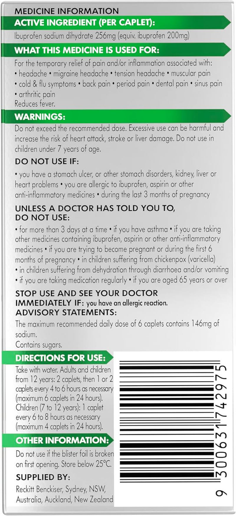 Nurofen Zavance Caplets Pain Relief 256Mg, Pack of 24