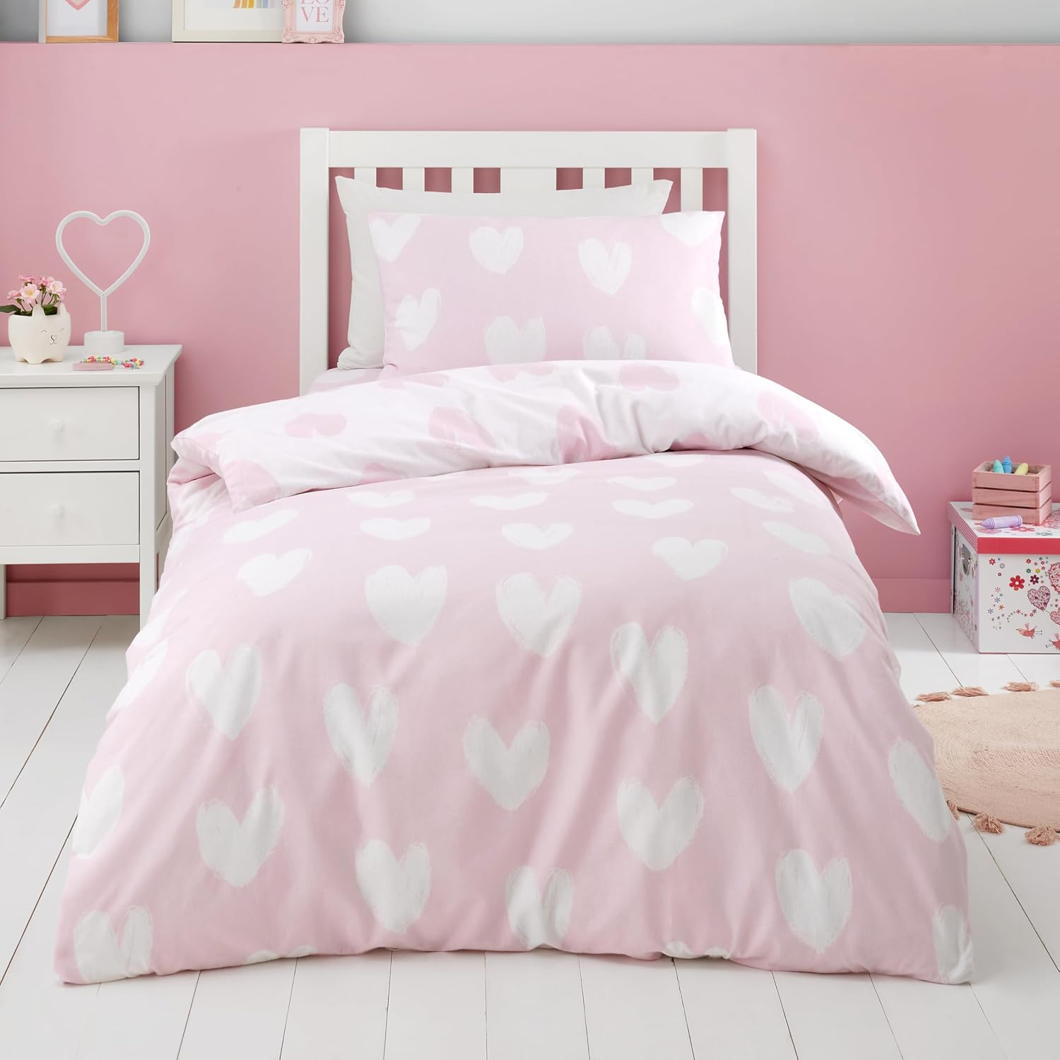 Catherine Lansfield Brushed Cotton Hearts Reversible Single Duvet Cover Set with Pillowcase Pink image number 3