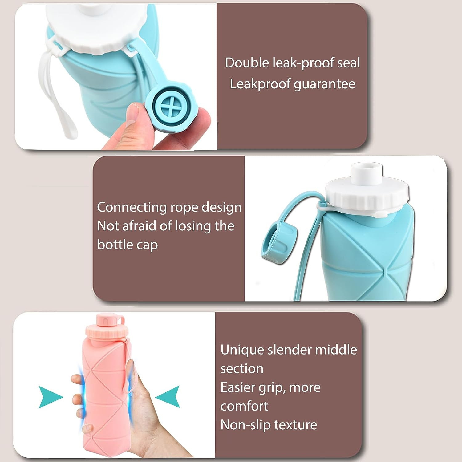 RUNGOS Collapsible Water Bottle for Travel Essentials [Double Leak-Proof Design] [Bottle Cap with Safety Rope] BPA Free Silicone Foldable Water Bottle for Outdoor Hiking Sports, Lightweight (Gray) image number 6