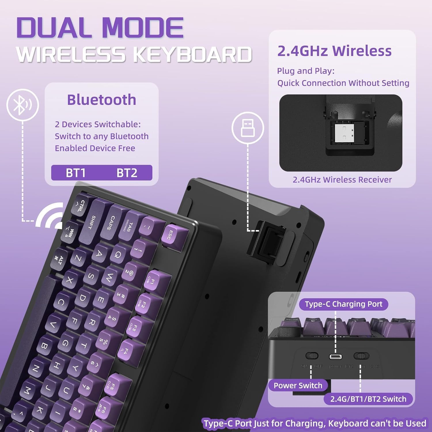 FREEWOLF M96 Wireless Gaming Keyboard Creamy Membrane with Rainbow Backlight,Media Knob,Lcd Screen,Dual Mode-Bluetooth/2.4Ghz,Ball Shape PBT Keycap 94 Key ANSI Layout for Win Mac PC Gamer(Purple)