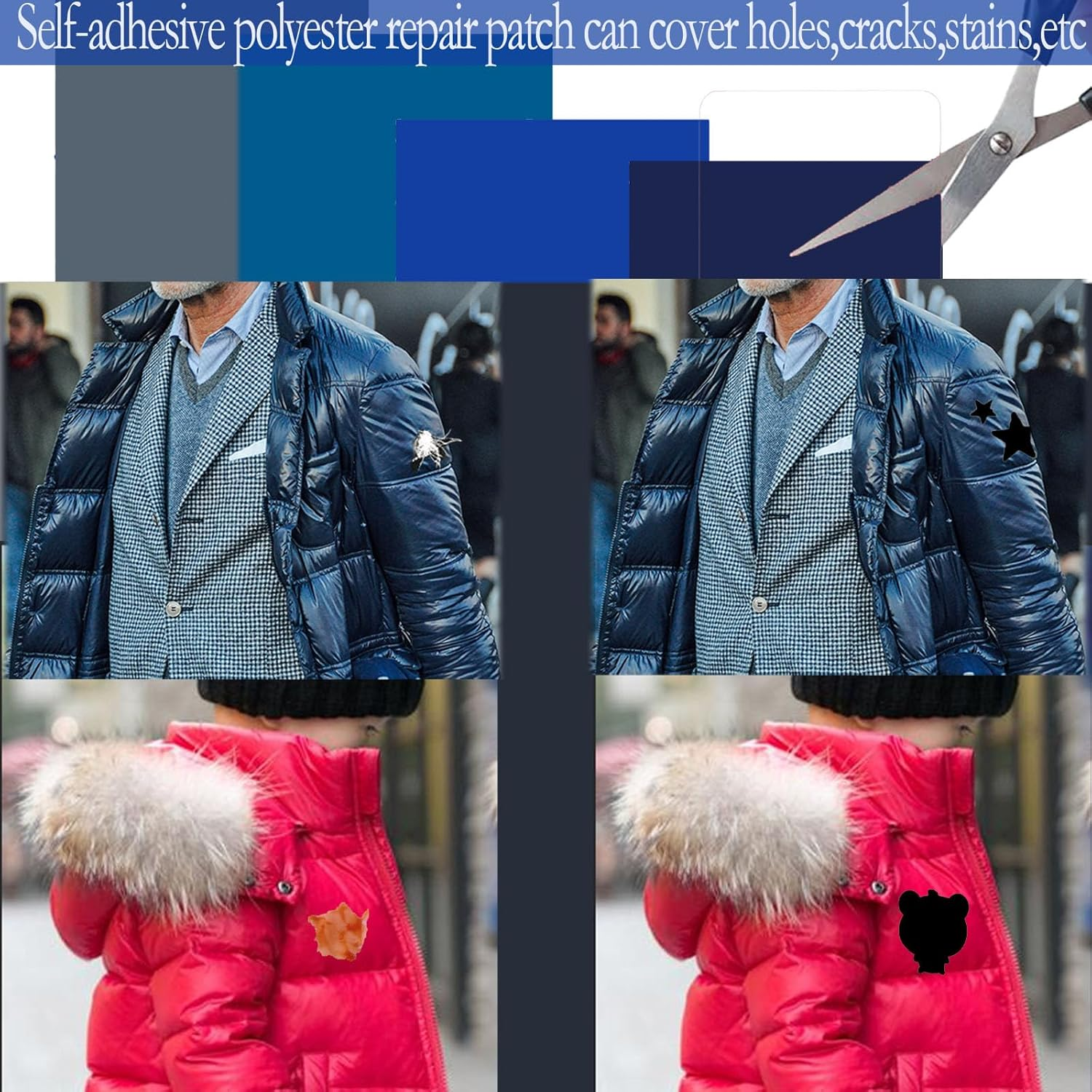 Down Jacket Patches Nylon Repair,Black Different Size and Shapes Waterproof Self Adhesive Repair Kits.For Clothing down Jacket Camping Tent Backpack Awning Sleeping Bags Repair Holes Tearing (Solid Color)