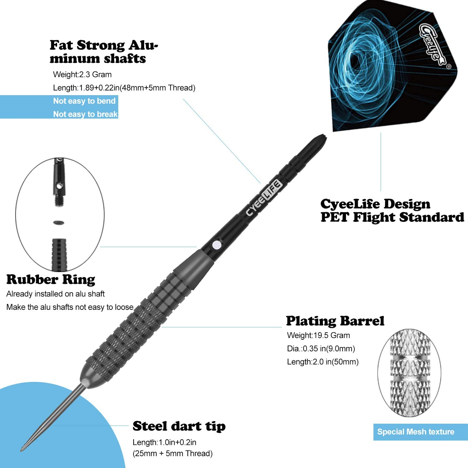 Cyeelife 12Pcs Steel Tip Darts 22/28G+16 Flights+Sharpener+Dart Tool+12Aluminium Shafts with Rubber Rings image number 2