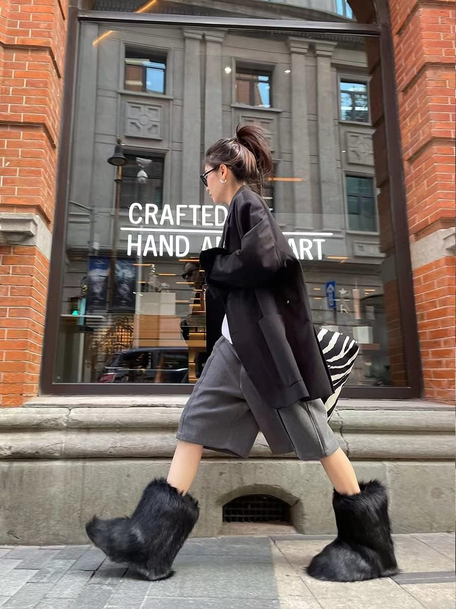 Eosxrp Furry Faux Fur Boots Women'S Winter Shoes Woman Fluffy Warm Snow Boots Mid-Calf Comfortable Outdoor Flat image number 5