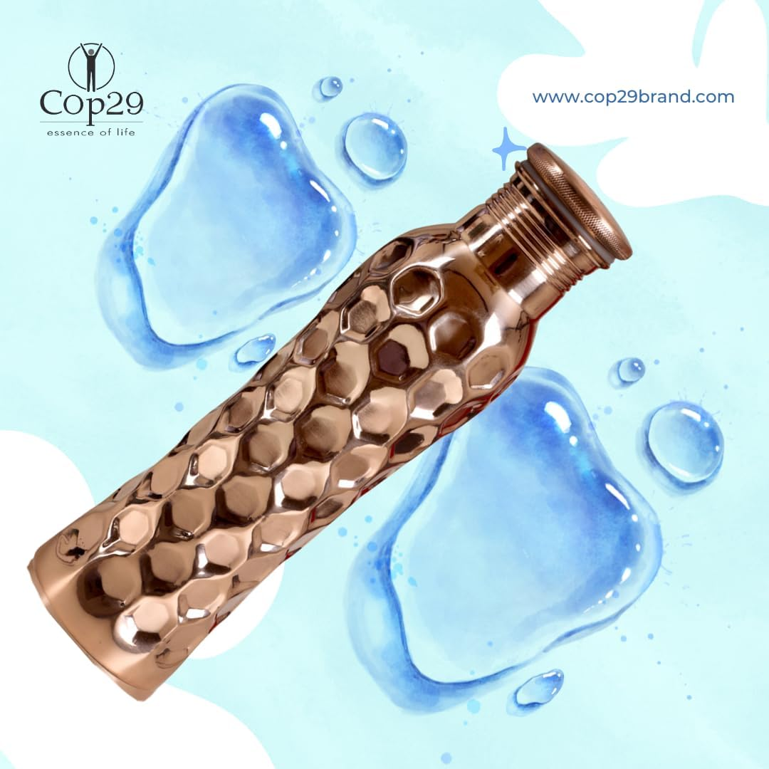 Cop29 Fairy Copper Glossy Honeycomb Water Bottle- 30Oz/900Ml | a Handcrafted Leak Proof Ayurvedic Pure Copper Vessel | Ideal for Hydration, Sports, Yoga & Daily Use | Enjoy the Health Benefits image number 1