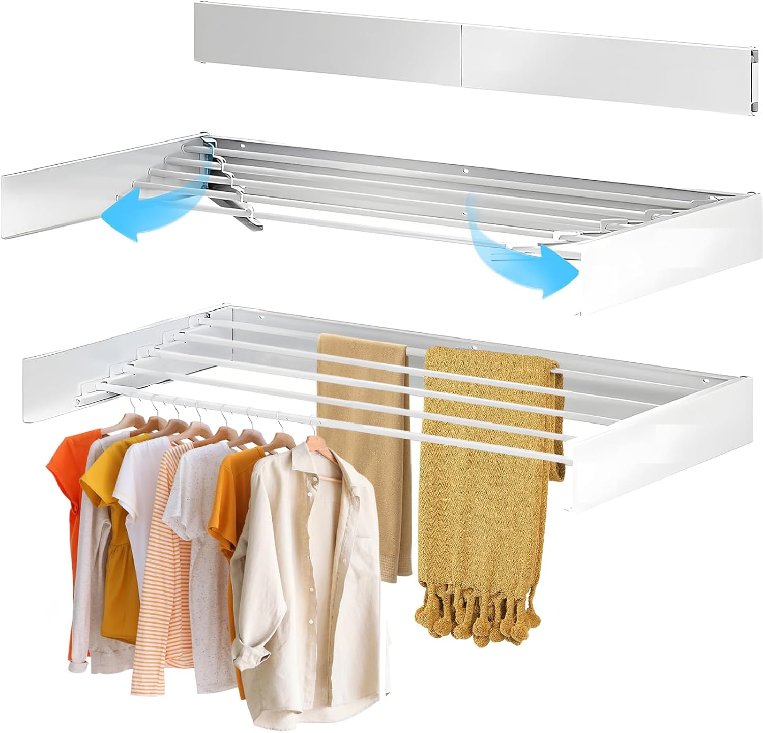 LIWEGHT Laundry Drying Rack Collapsible Wall Mounted Clothes Drying Rack Space-Saver Foldable Clothes Drying Rack with Wall Template and Long Drill Bit -White(100Cm) image number 3