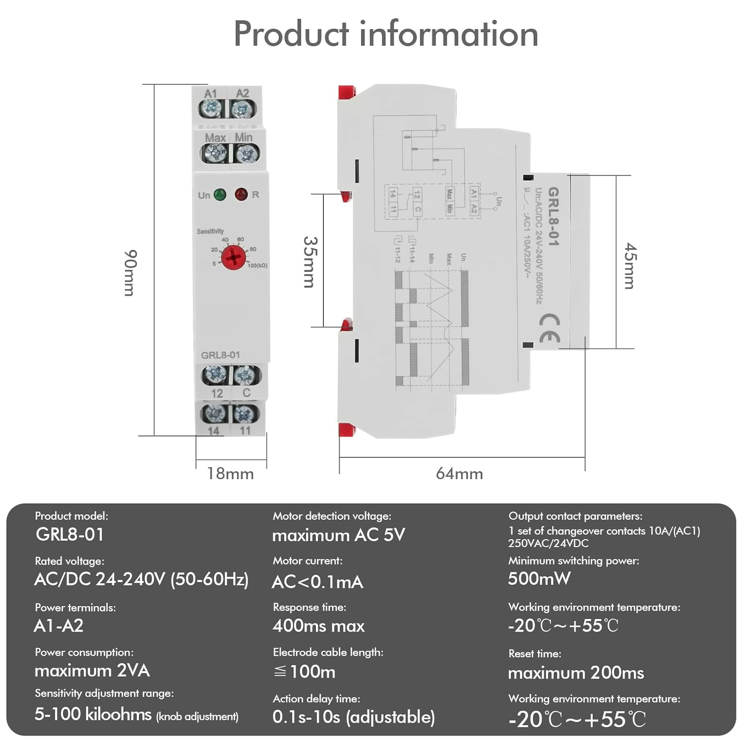 Victool Liquid Level Control Relay GRL8-01, 2 Level Control Mode, 10A AC/DC 24V-240V, Normally Open Silver Contact, DIN Rail Mount, Automatic Operation image number 5