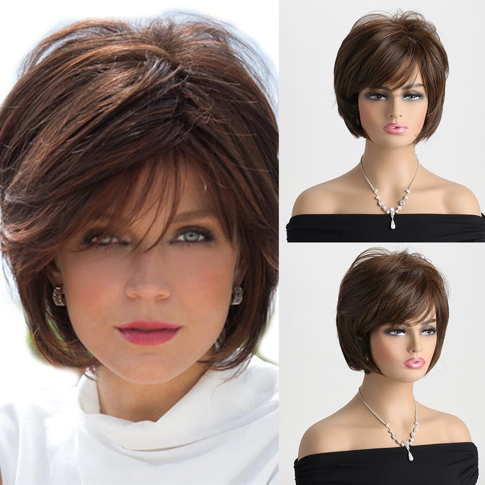 AUBWIG Short Brown Bob Wigs Pixie Charming Style Fluffy with Fringe Natural Straight Synthetic Short Hair Wigs Daily Hair (Brown #3B) image number 5