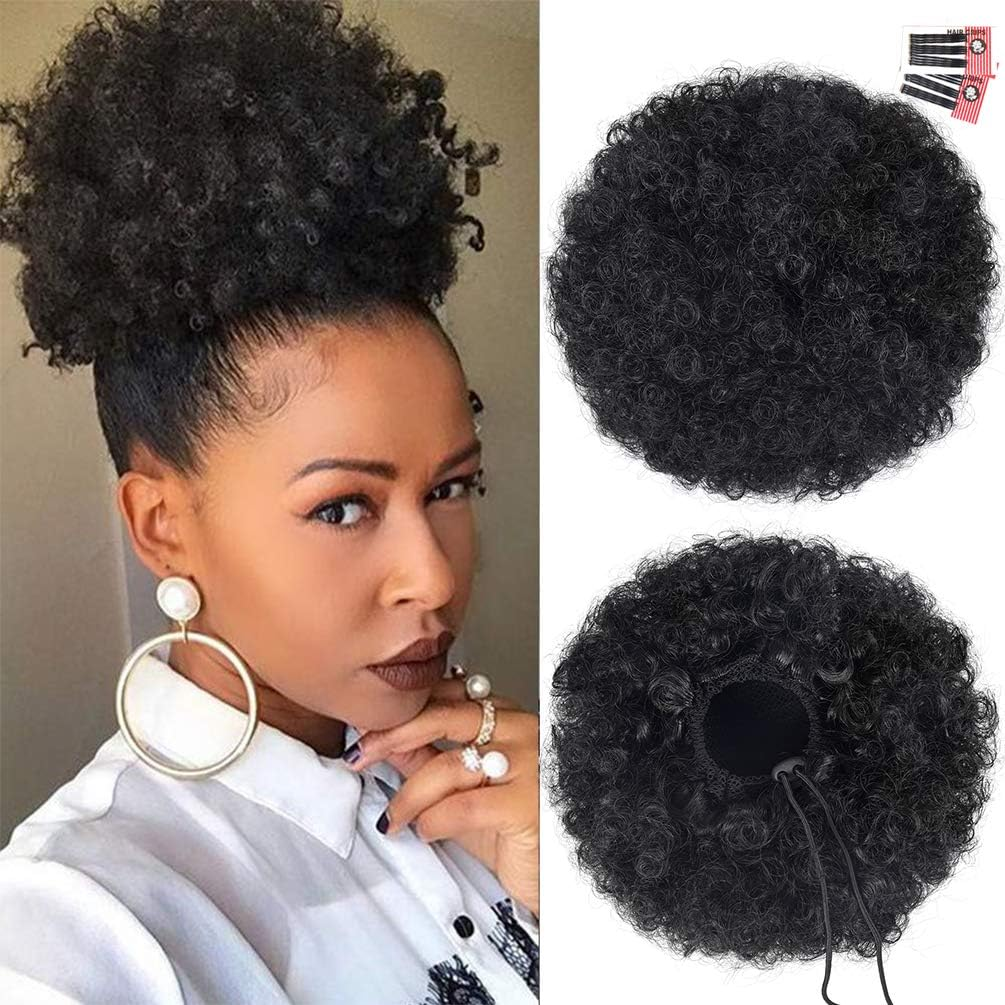 Afro Puff Drawstring Ponytail Extension for Black Women, Premium Black 1B 80Gram Short Synthetic Afro Puff Ponytail for Natural Hair, Clip on Kinky Drawstring Curly Ponytail Bun image number 4
