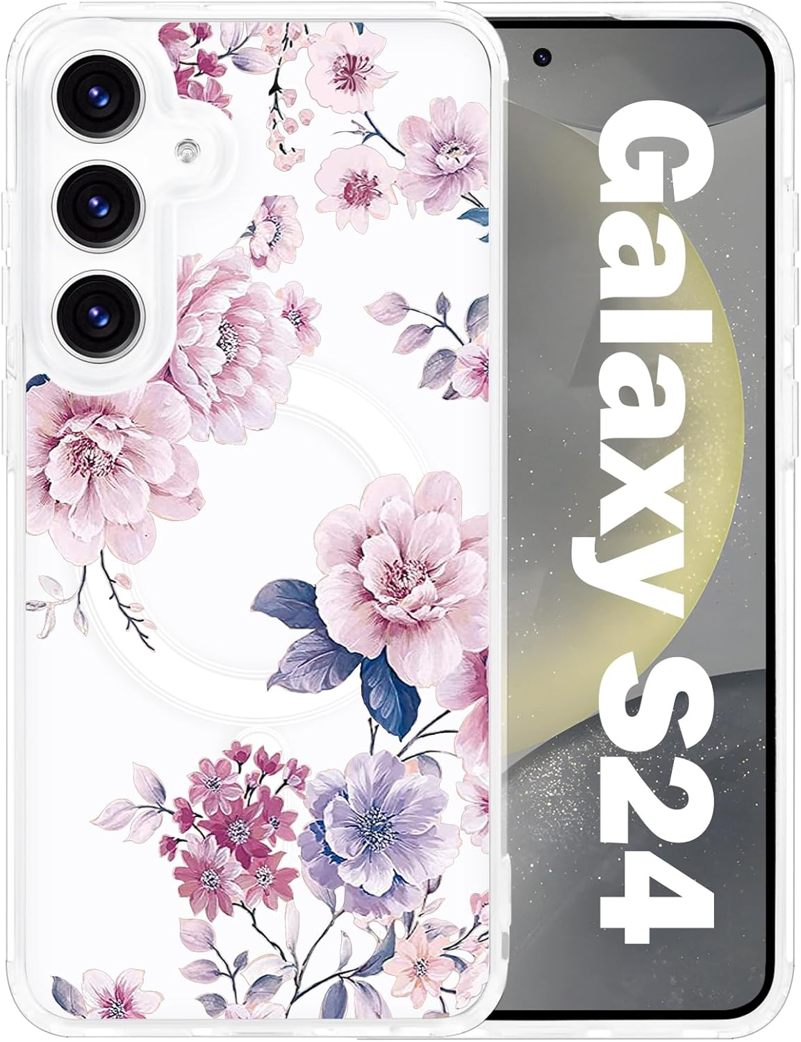 Tcaraersing for Samsung Galaxy S24 6.2" Magnetic Flower Case - Floral Pattern Shockproof Cover with Magsafe Compatibility, Slim Hard PC Back & Soft TPU Edge for Women & Girls, Peony