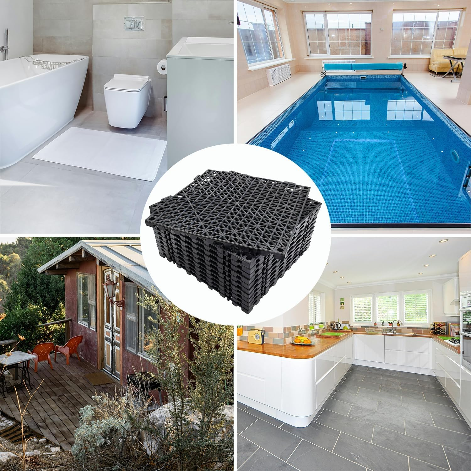 Modular Interlocking Cushion 30 X 30CM 12PCS Interlocking Rubber Floor Drain Holes Non-Slip Splicing Drainage Mats for Deck, Shower, Kitchen, Drain Pool, Sauna Bath, Indoor Outdoor,Black. - Black image number 2