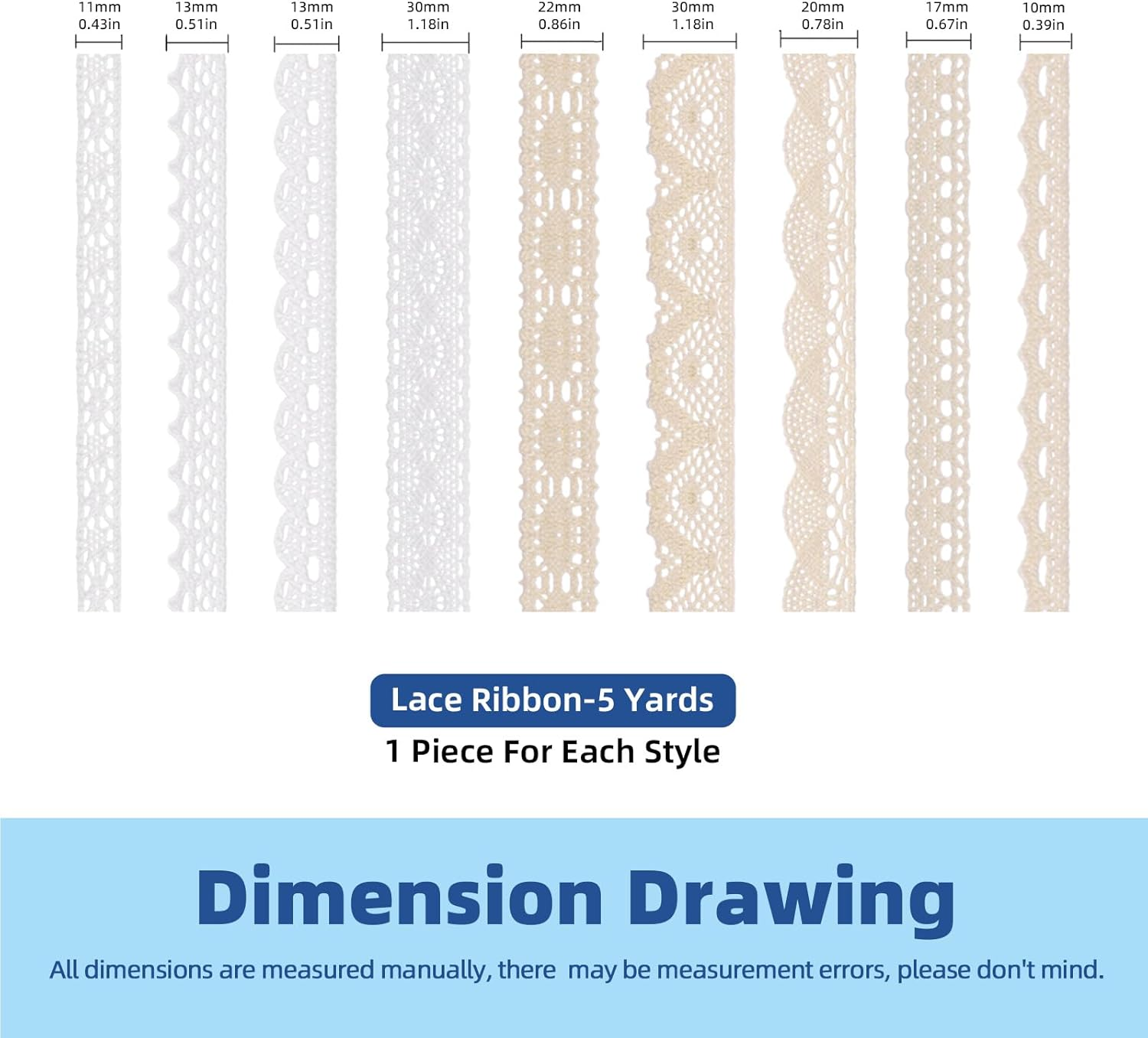 Glarks 9 Rolls 41M Cotton Lace Trim, 9 Styles Beige and White, Vintage Ribbon Cotton Lace Trim, Cotton Crochet Lace Ribbon, Craft Lace Crochet Sewing for Gift Package Wrapping, Wedding Decoration image number 6